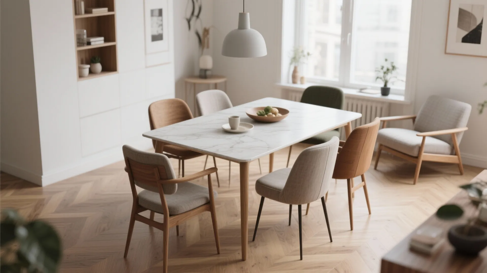 Modern dining room featuring marble table mixed wooden chairs grey armchair ceiling light and wood floor