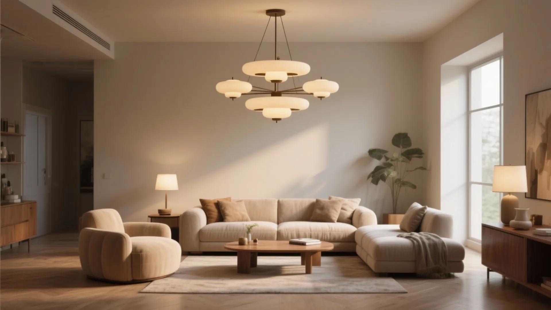 Large white ceiling light hanging above a beige sofa and wooden coffee table in bright room