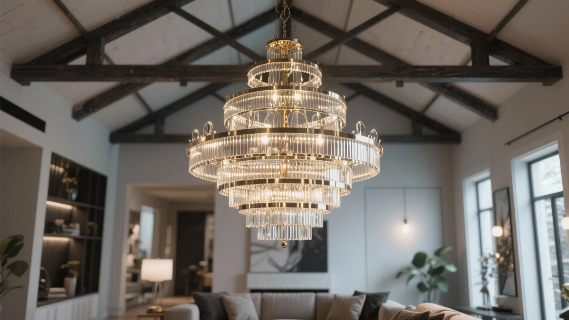 Modern layered glass ceiling light hanging in a living room with dark wood ceiling beams