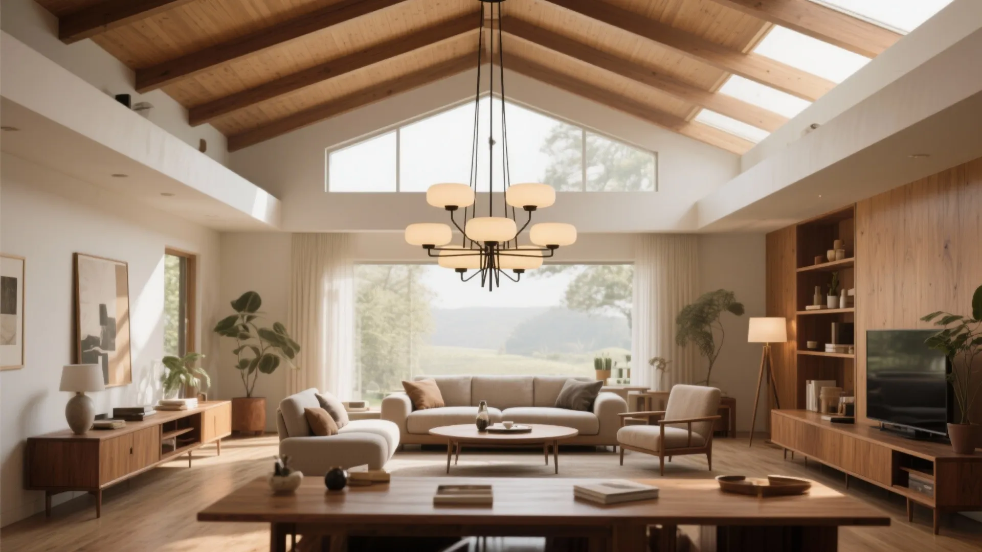 Living room with mid-century statement chandelier