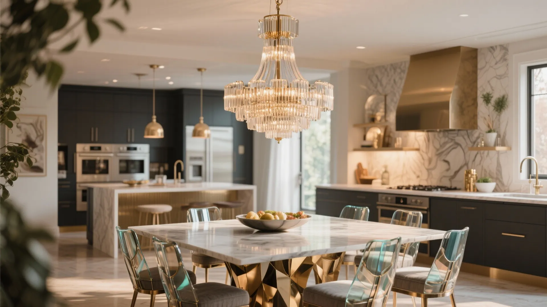 Luxury dining room with large crystal ceiling light over marble table and modern open kitchen