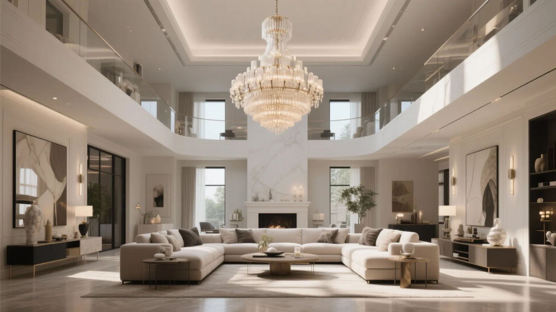 Grand luxury living room with a large crystal ceiling light and white sectional sofa set
