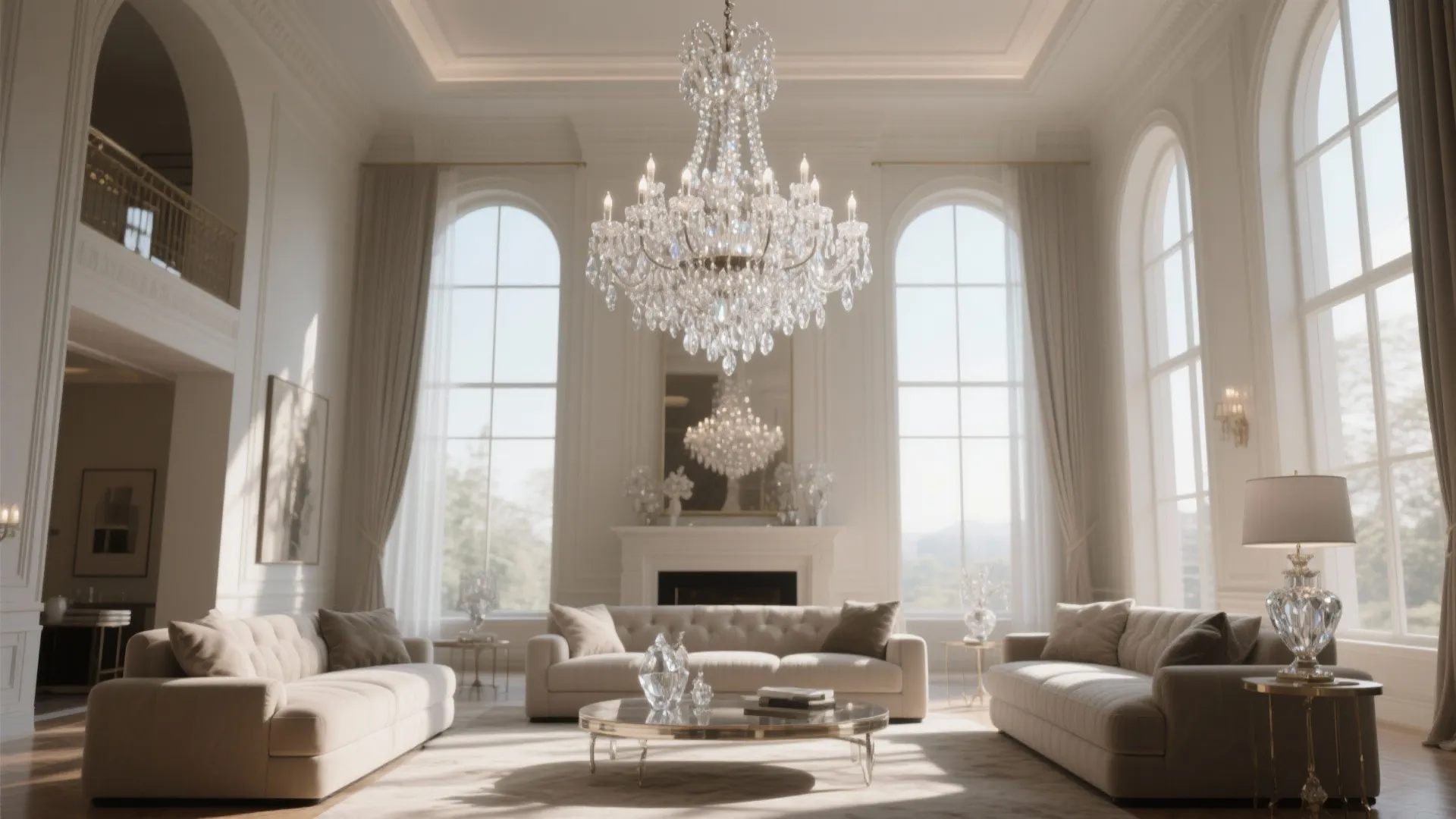 Grand crystal chandelier in a high ceiling living room with soft daylight