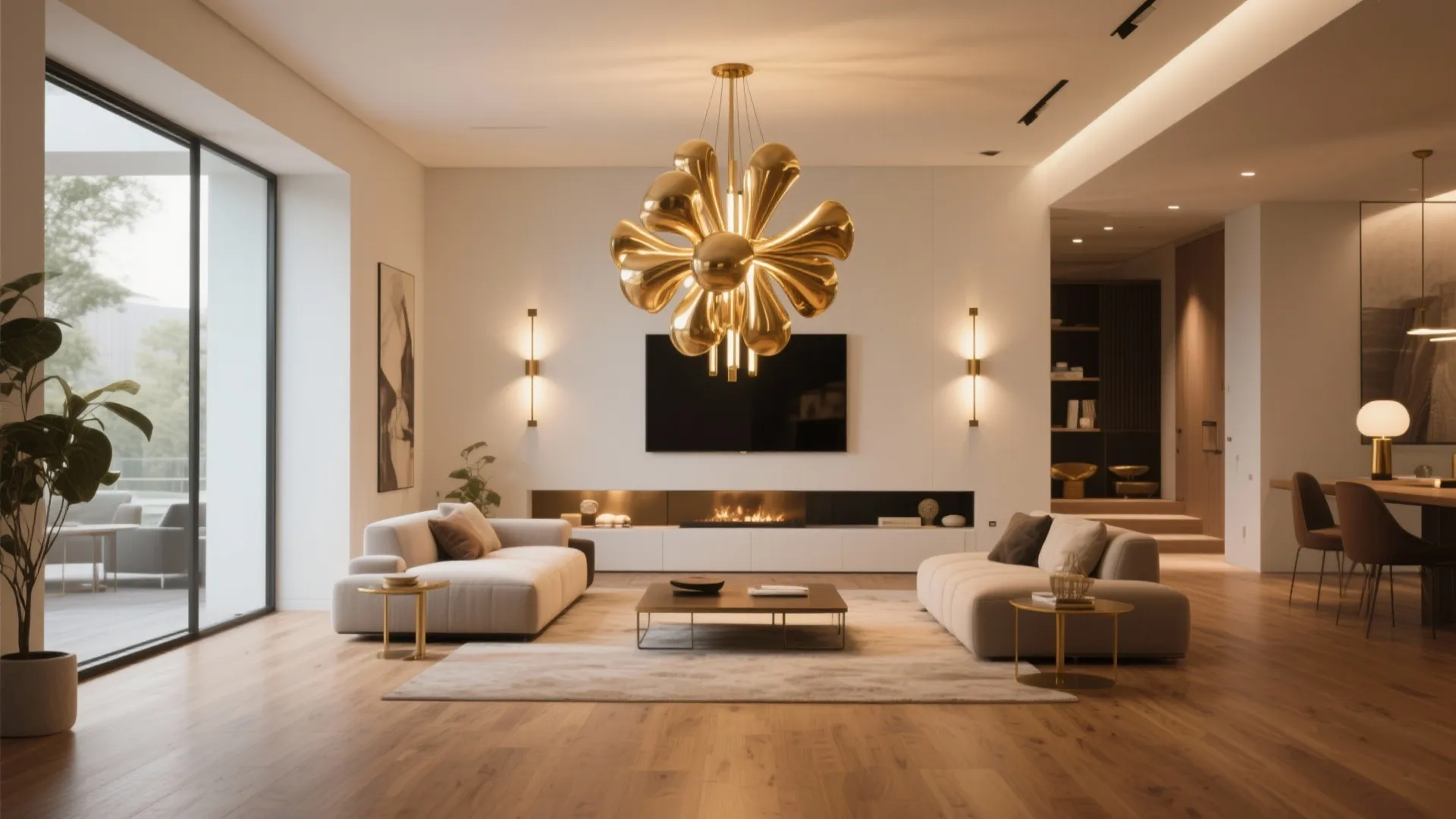 Modern living room with large gold flower shaped ceiling light white sofas and warm fireplace