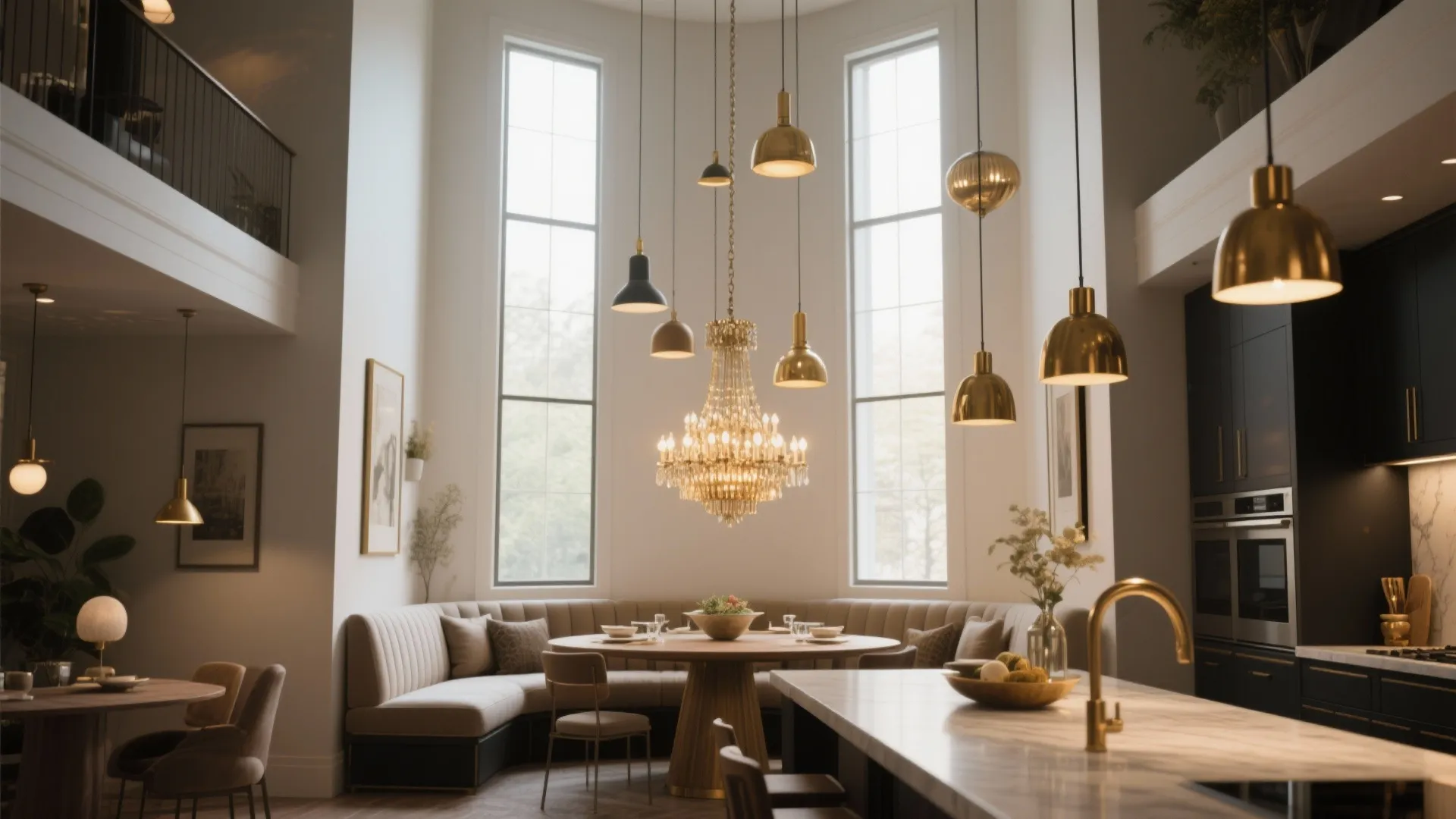 5. Statement chandelier or mixed-height pendants