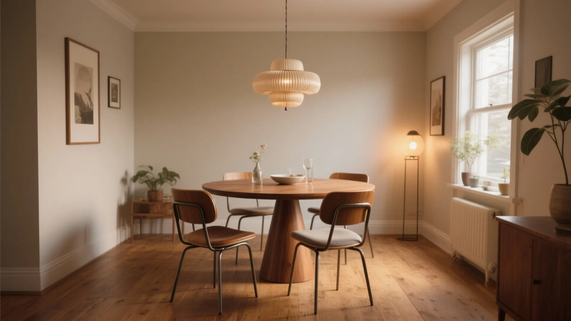 Round wooden dining table with four chairs and large ceiling light in warm minimalist room