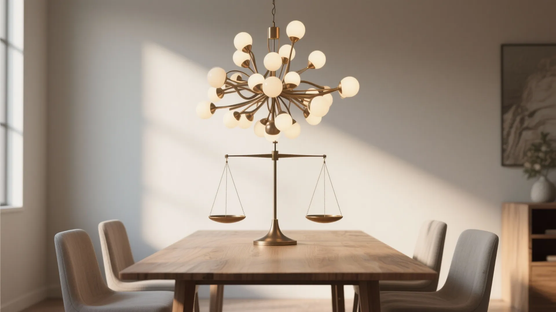 Modern ceiling light with white globes above a wooden dining table with several grey chairs