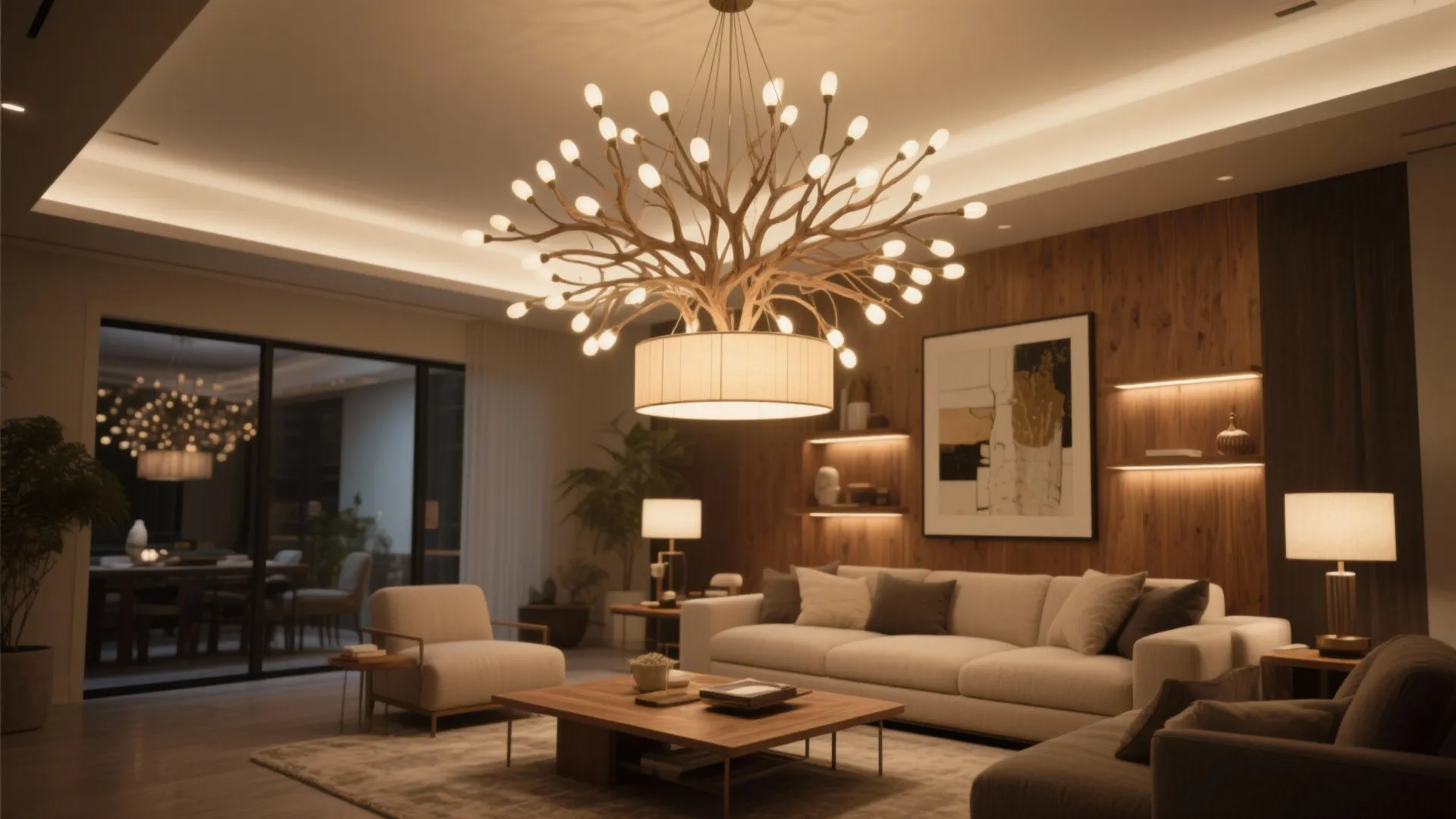 Luxury living room featuring a large branch style ceiling light white sofa and wood walls