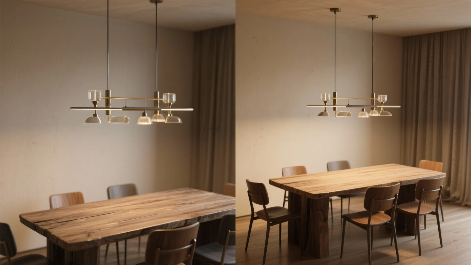 Before and after interior design drawing showing a wooden table with a modern ceiling light