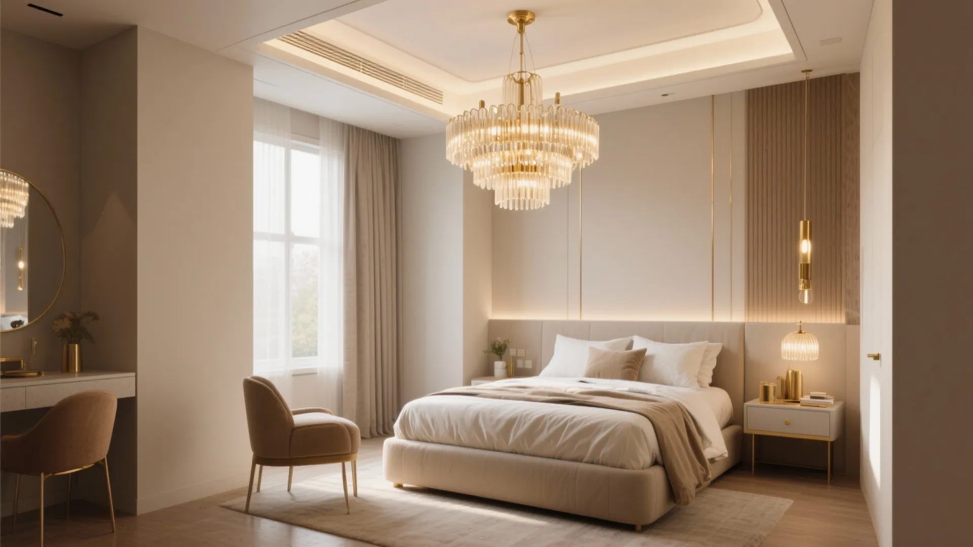 Modern master bedroom with gold ceiling light cream walls beige chair and large window curtains
