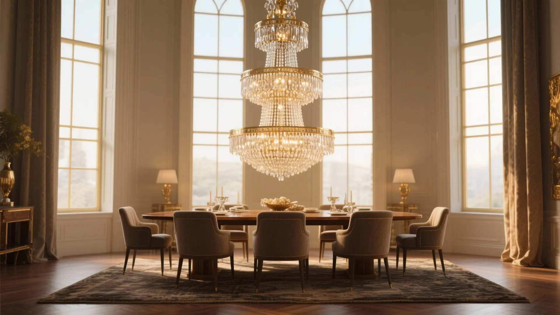 Elegant crystal ceiling light over wooden dining table with grey chairs and tall bright windows