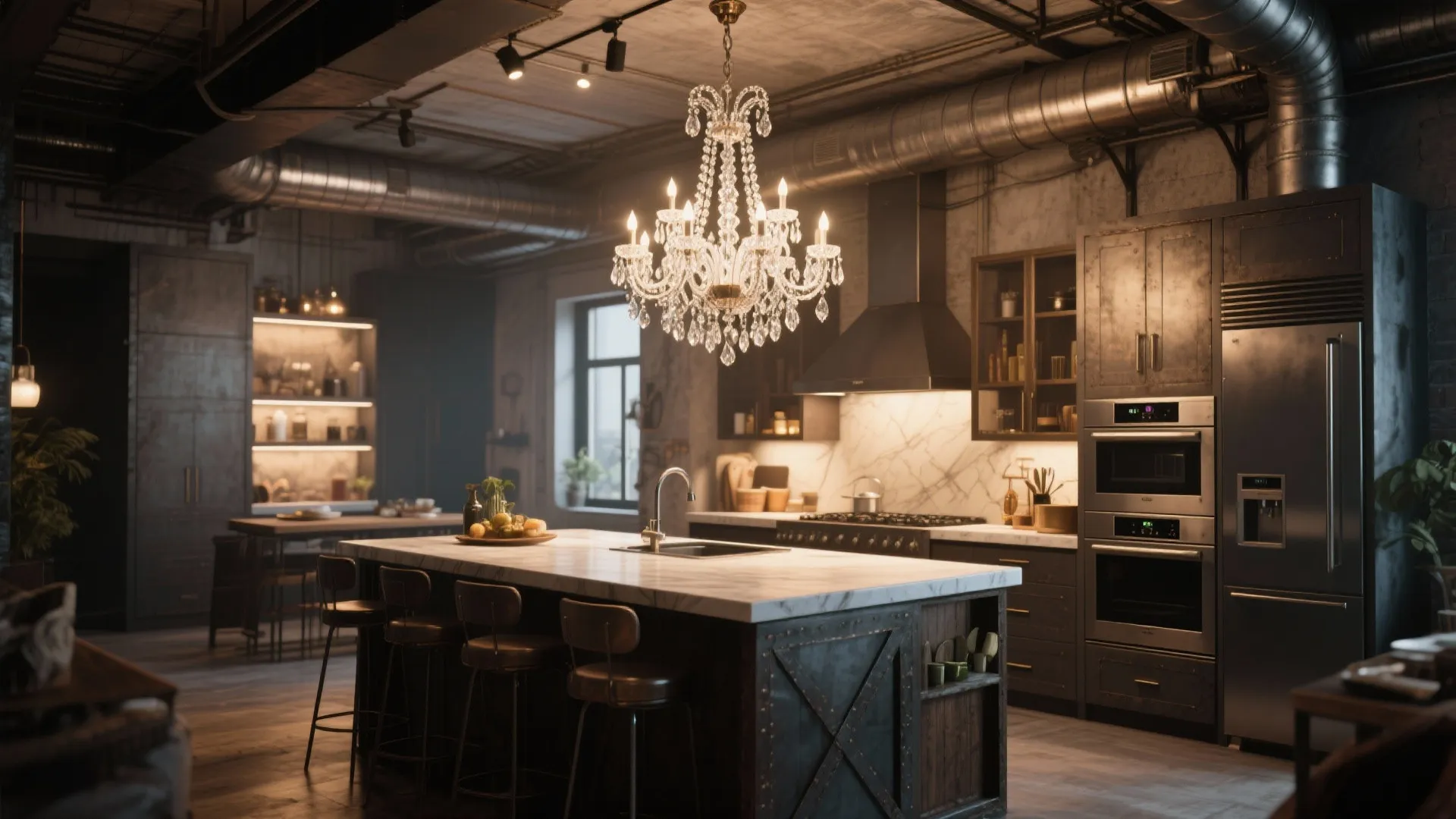 Industrial style kitchen with a large crystal ceiling light over a marble island and dark cabinets