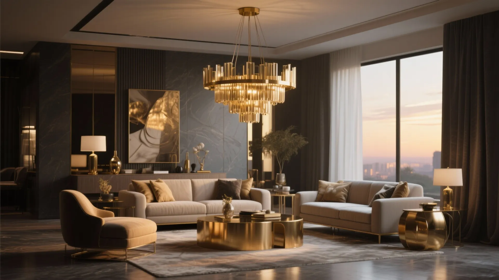Luxury living room with dark walls large gold ceiling light sofas and gold coffee table