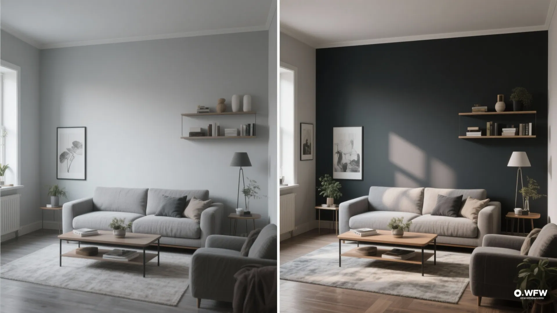 Before and after living room comparison showing white wall changing to a dark charcoal wall