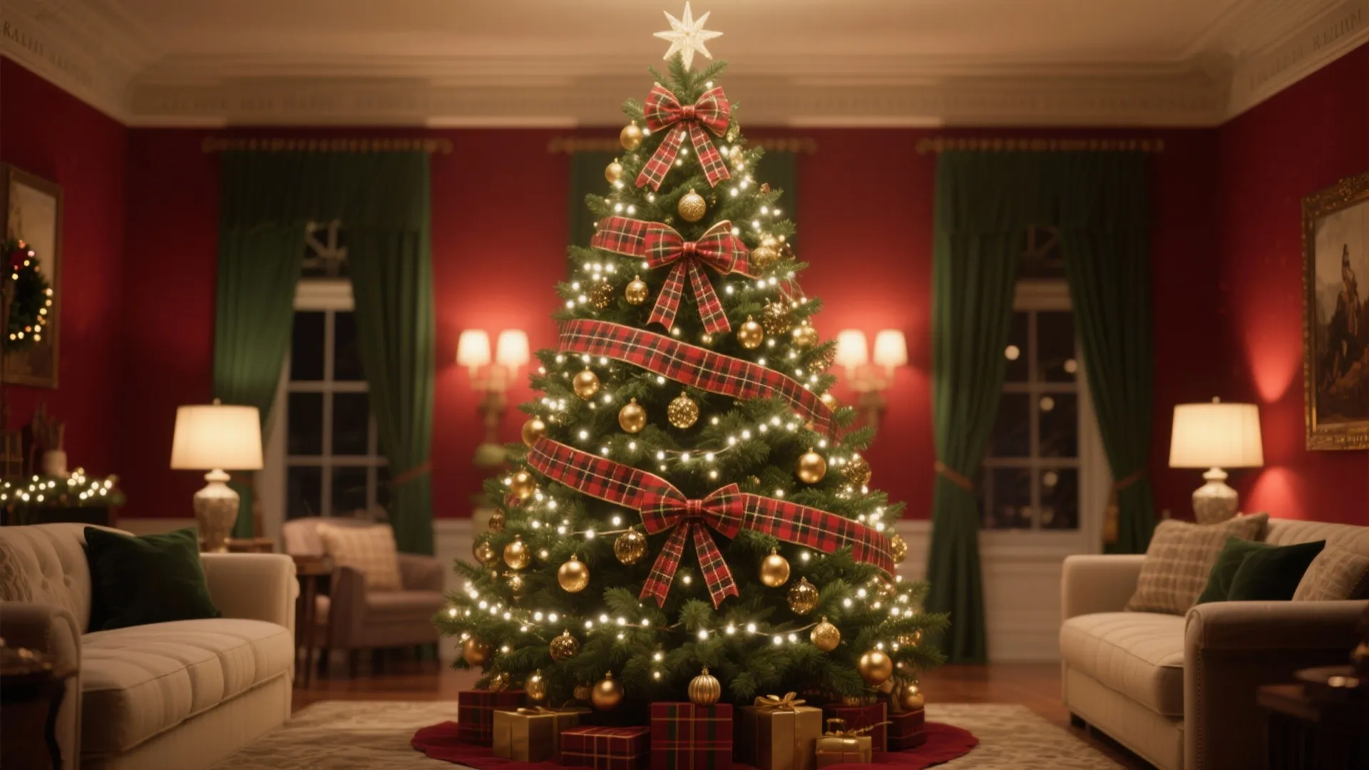 Grand Christmas tree decorated with plaid ribbon, gold ornaments, and white lights