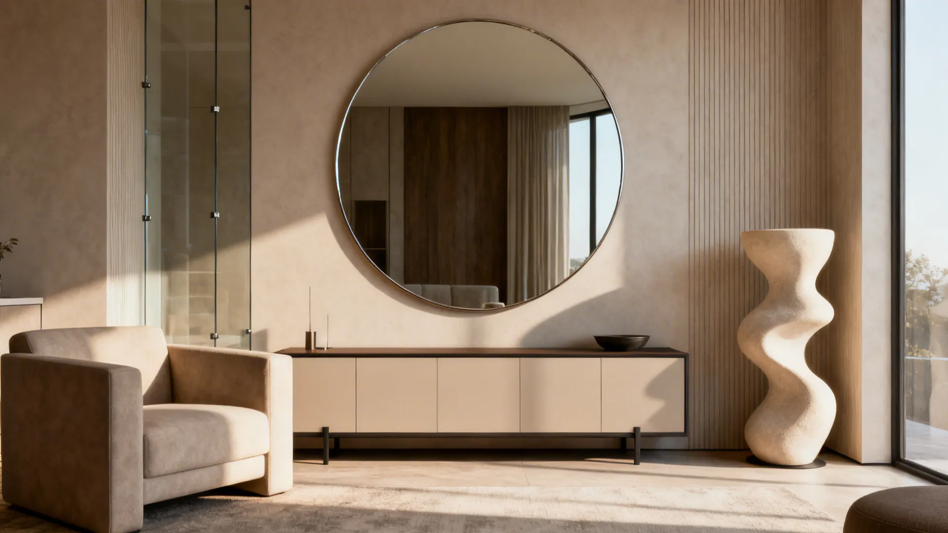 Large circular mirror above a credenza serving as a sculptural focal point in a living room.