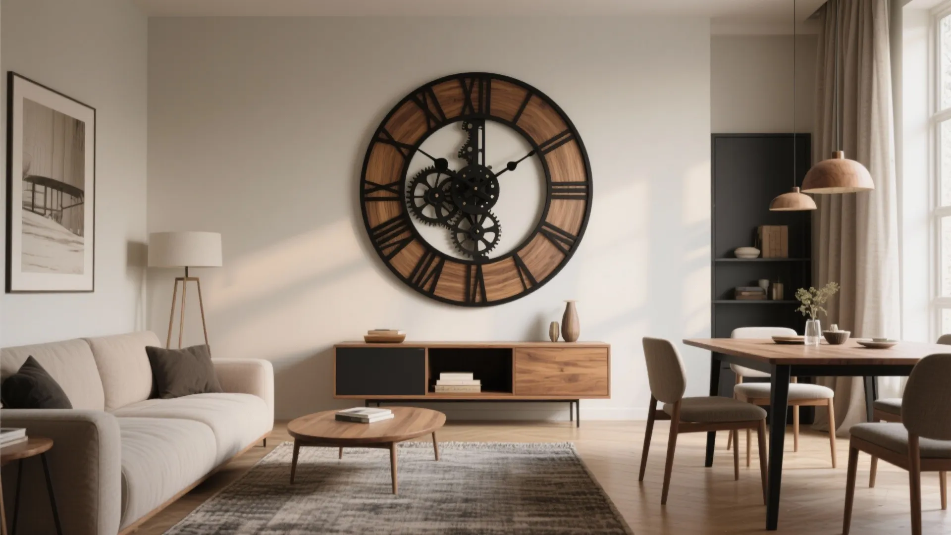 Modern living room featuring a large wooden wall clock with gears above a wooden cabinet
