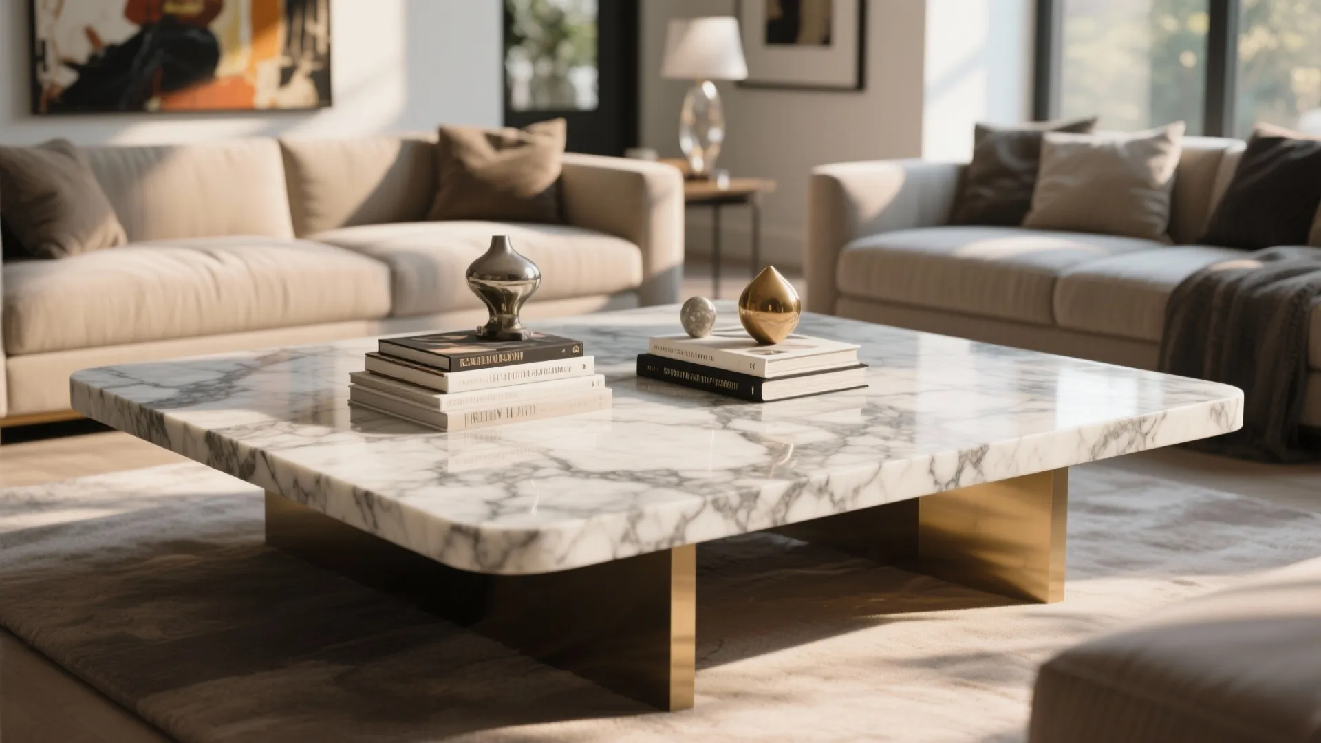 Oversized marble coffee table in a spacious living room