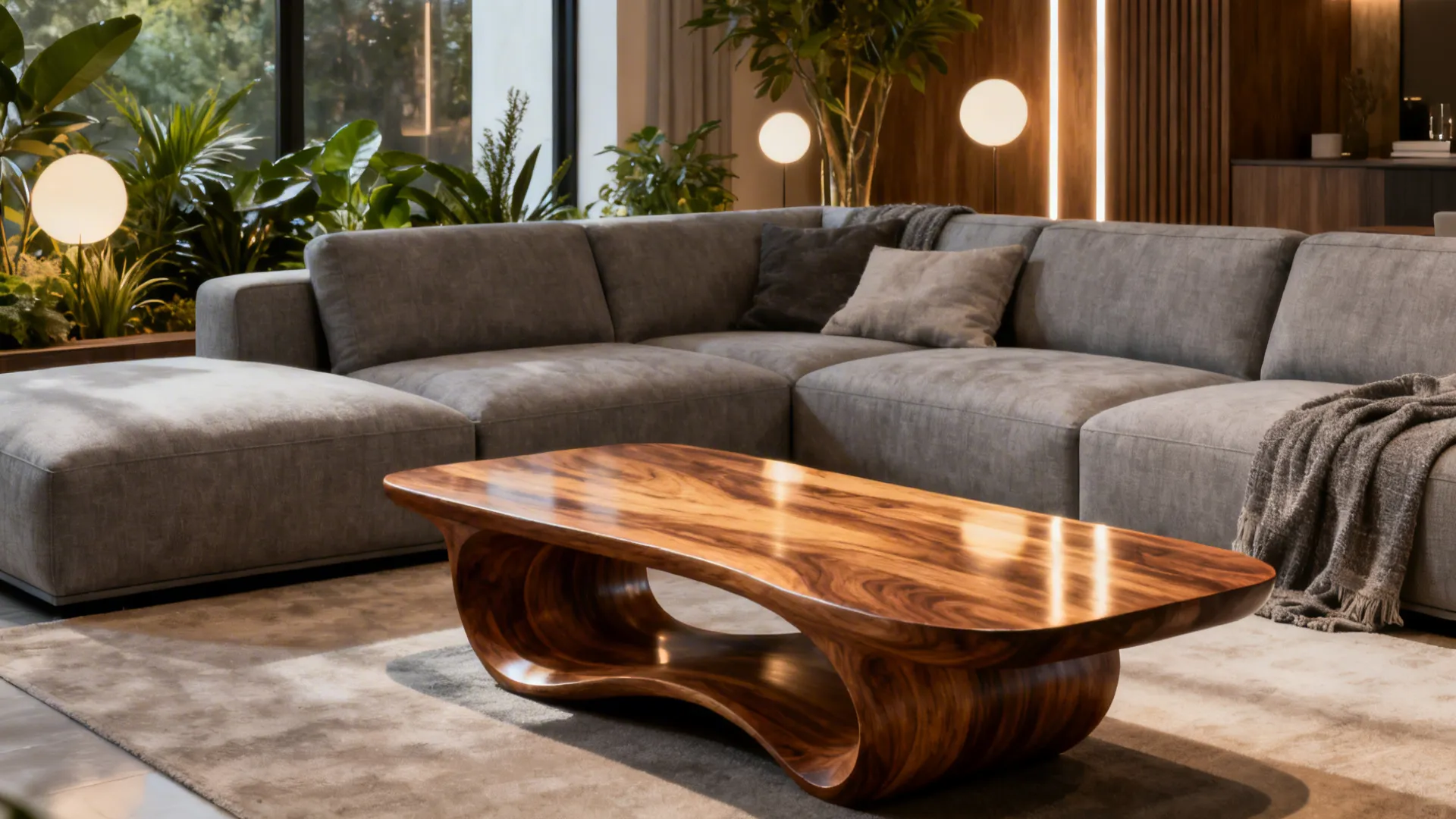 Minimalist gray sectional paired with a sculptural wooden coffee table in a warm, layered living room.