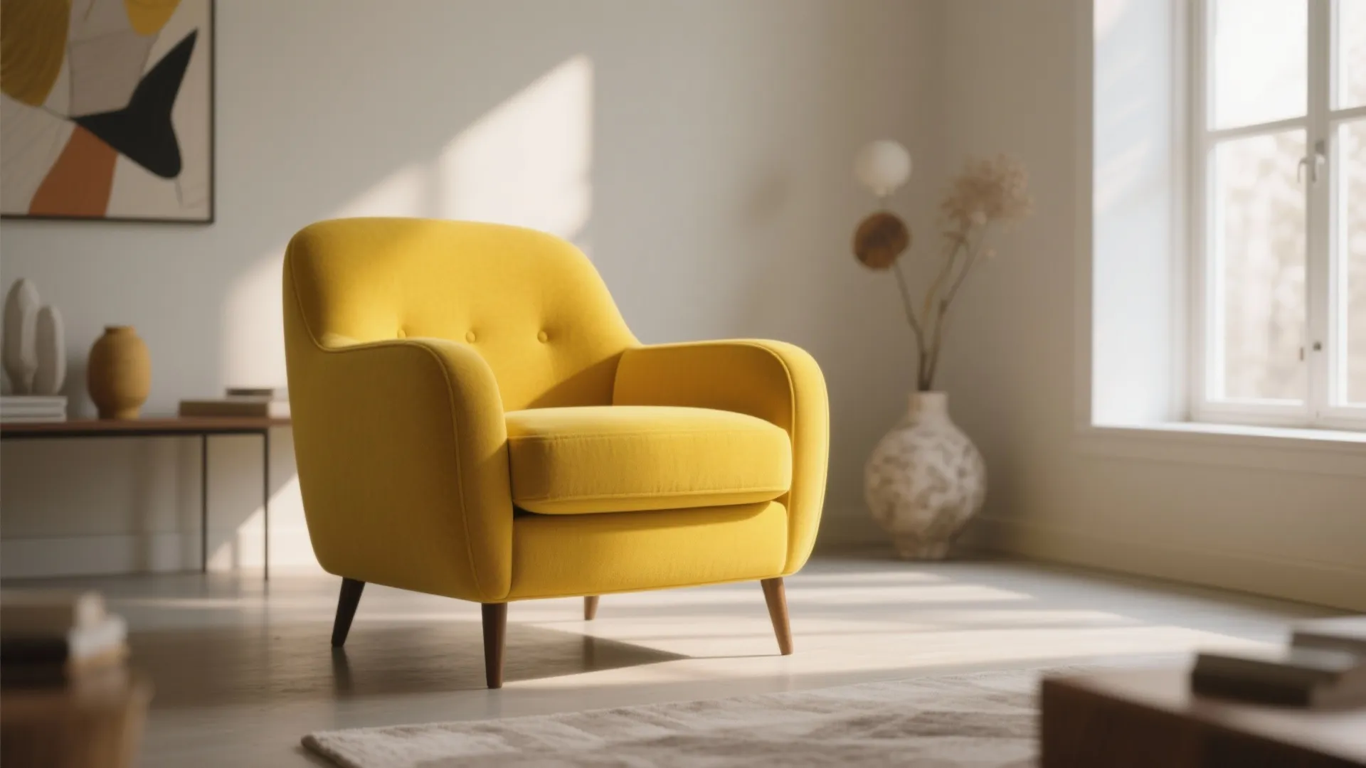 Bright yellow armchair in a neutral living room