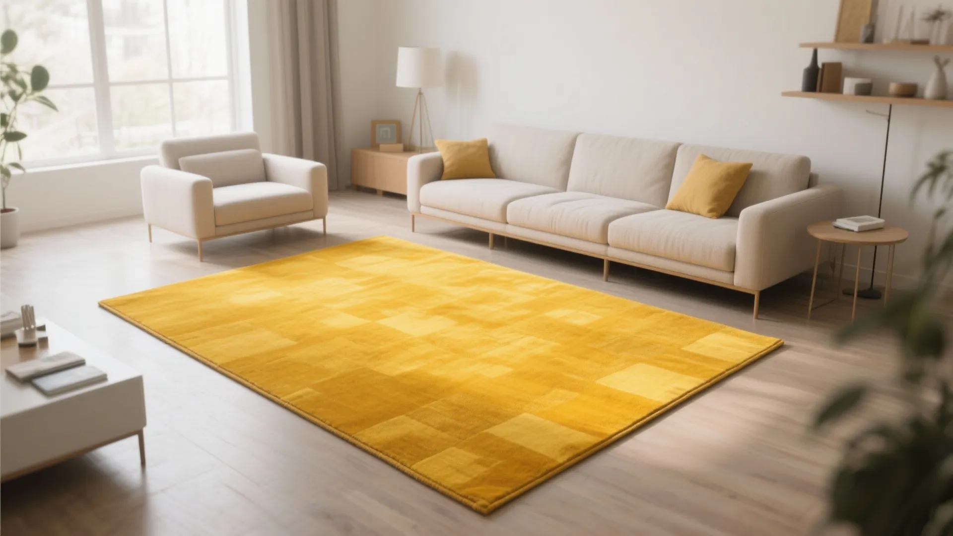 Bright mustard 8x11 rug in a neutral living room adding vibrance