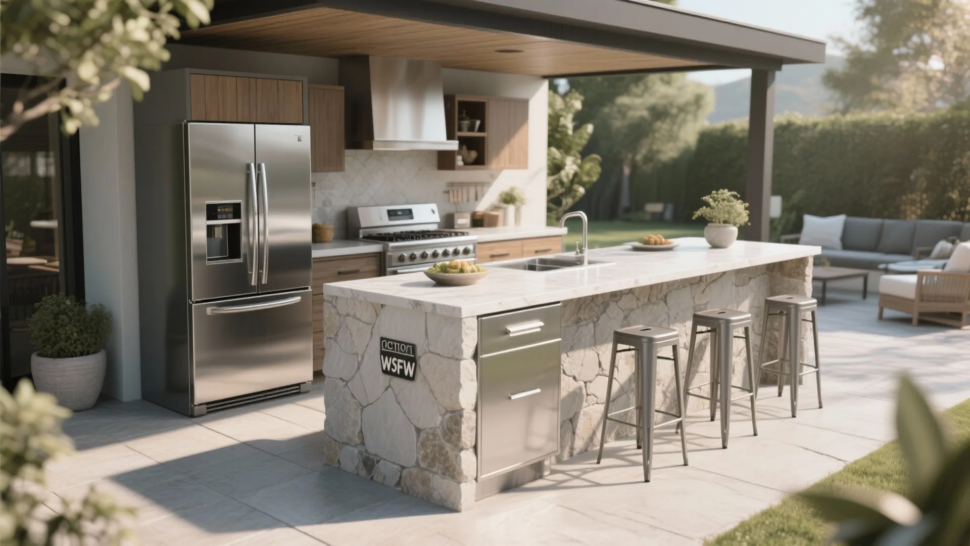 Outdoor kitchen with stone island stainless steel fridge marble countertop wood ceiling and grey metal stools