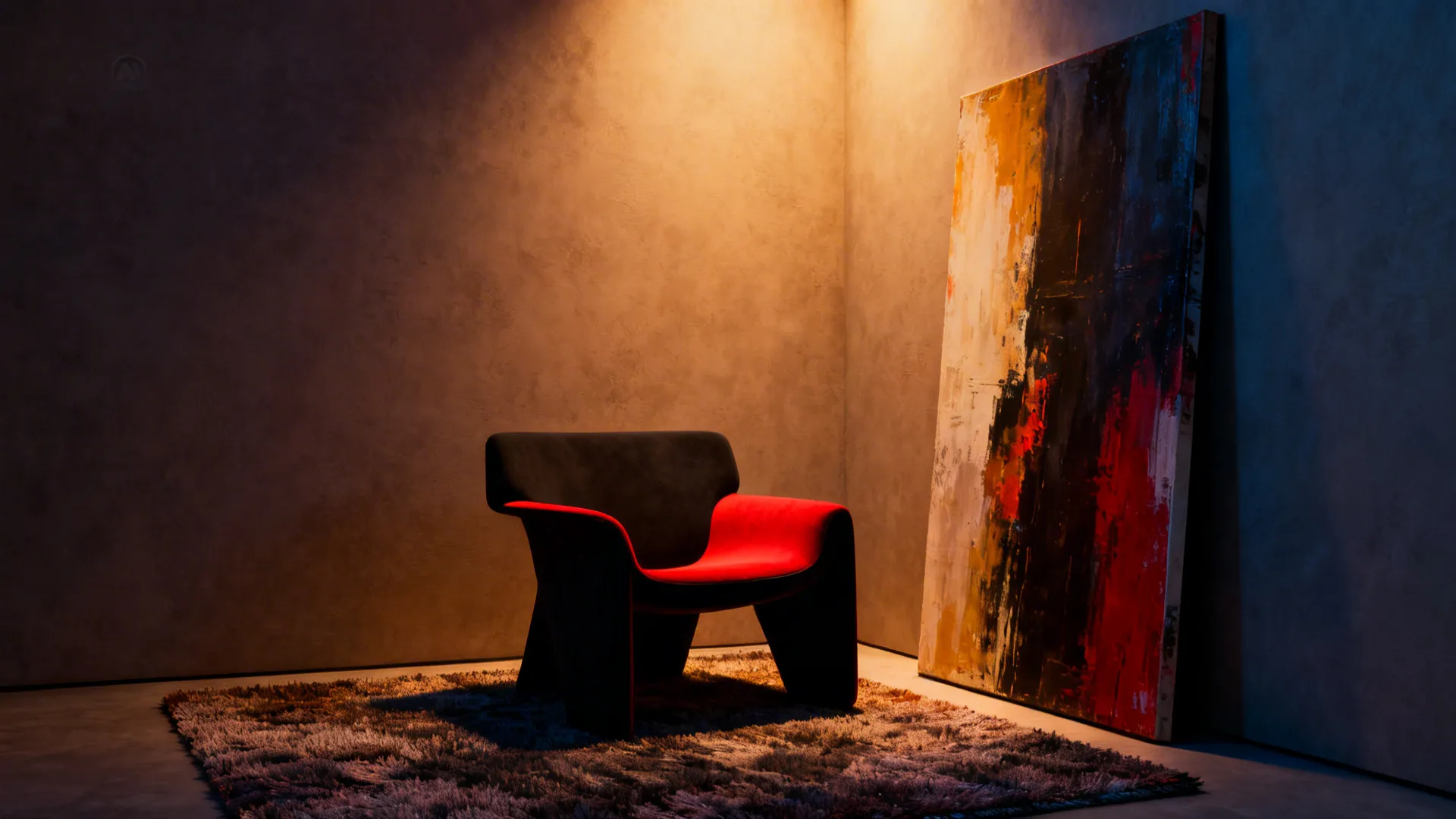 Modern black and red chair on rug beside large wall painting in a dark room