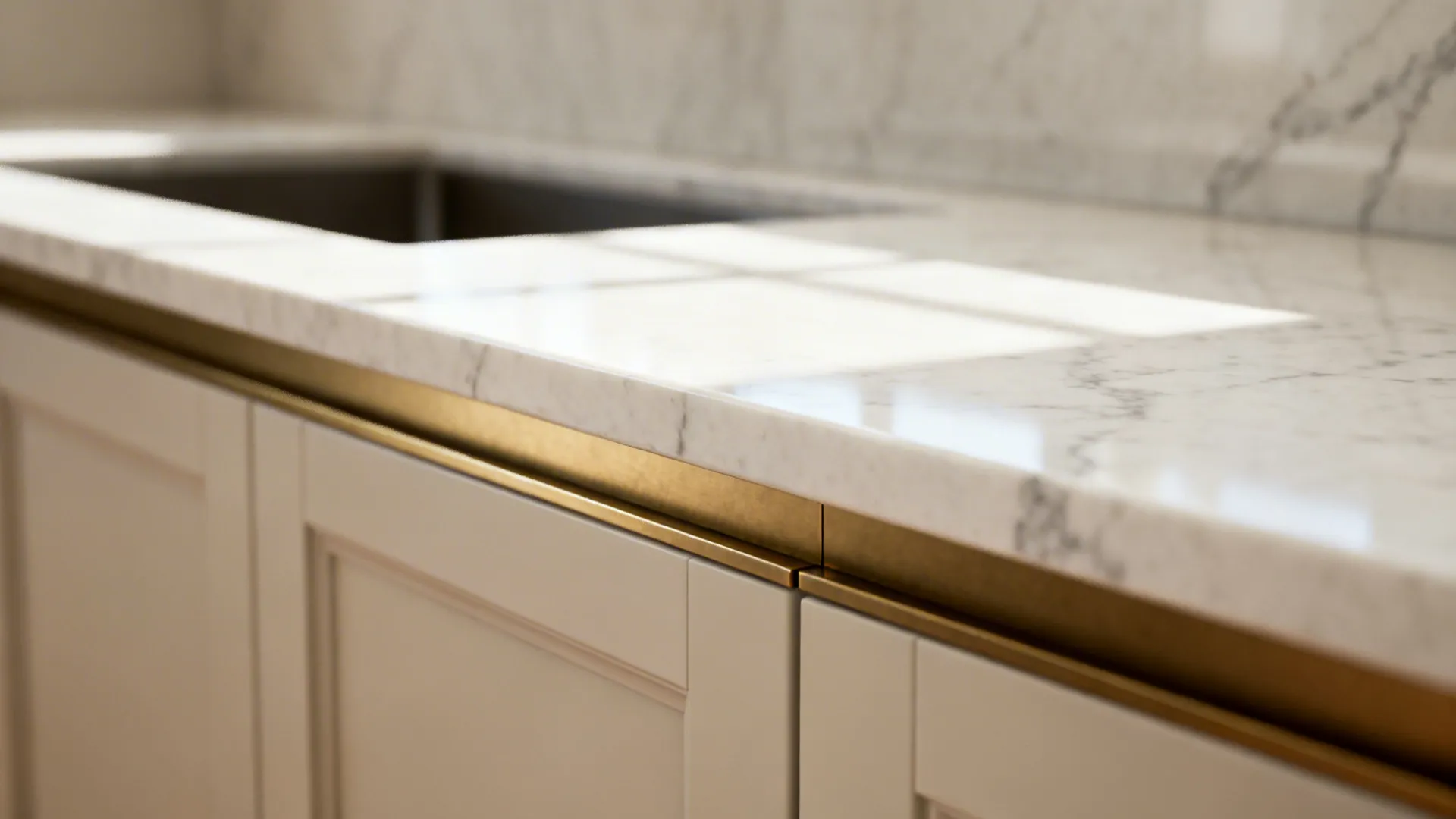 Close-up of a warm white quartz countertop with subtle veining and brass trim for a luxe touch.
