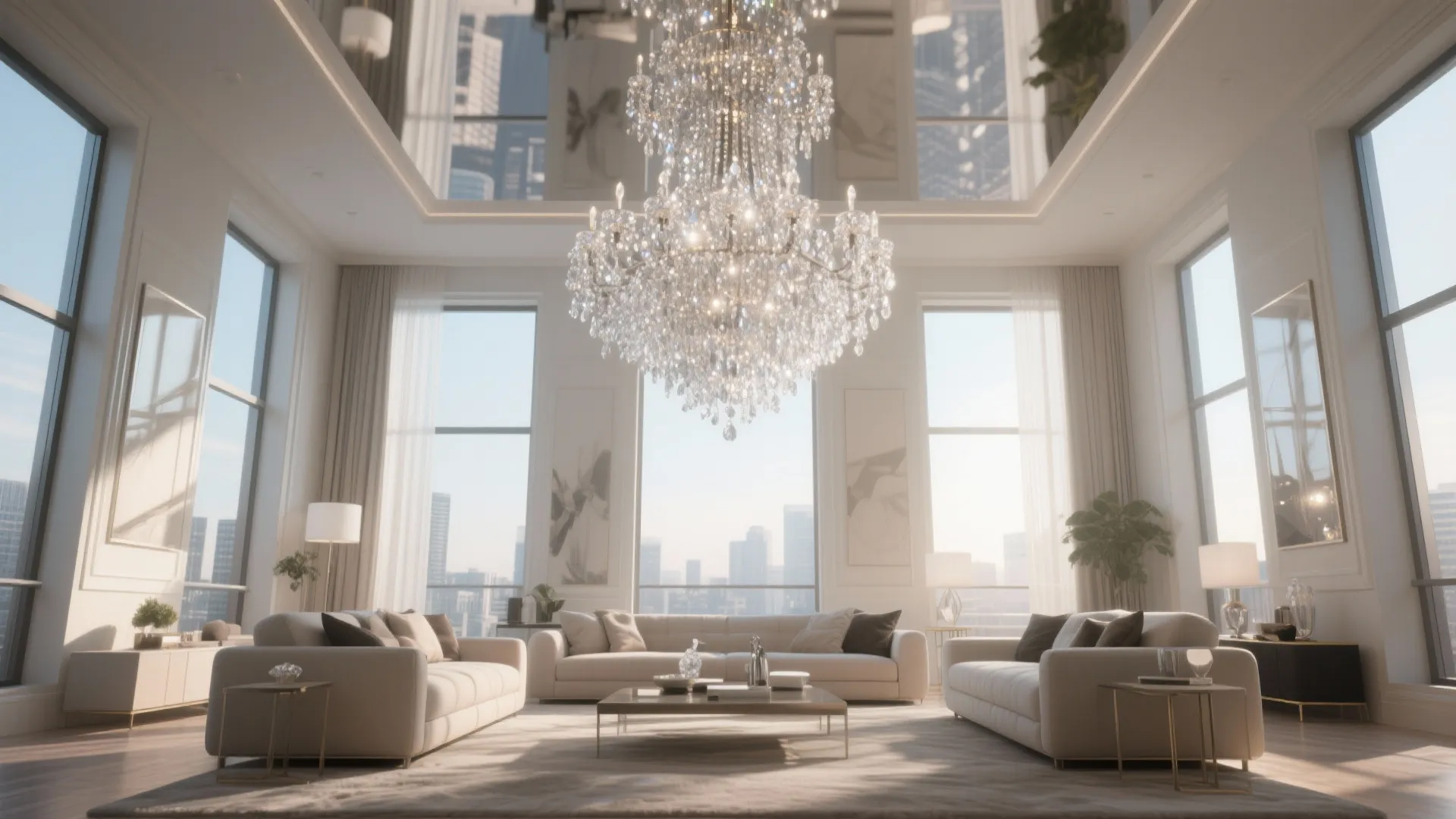Luxury high ceiling living room with white sofas and a large glass crystal ceiling light
