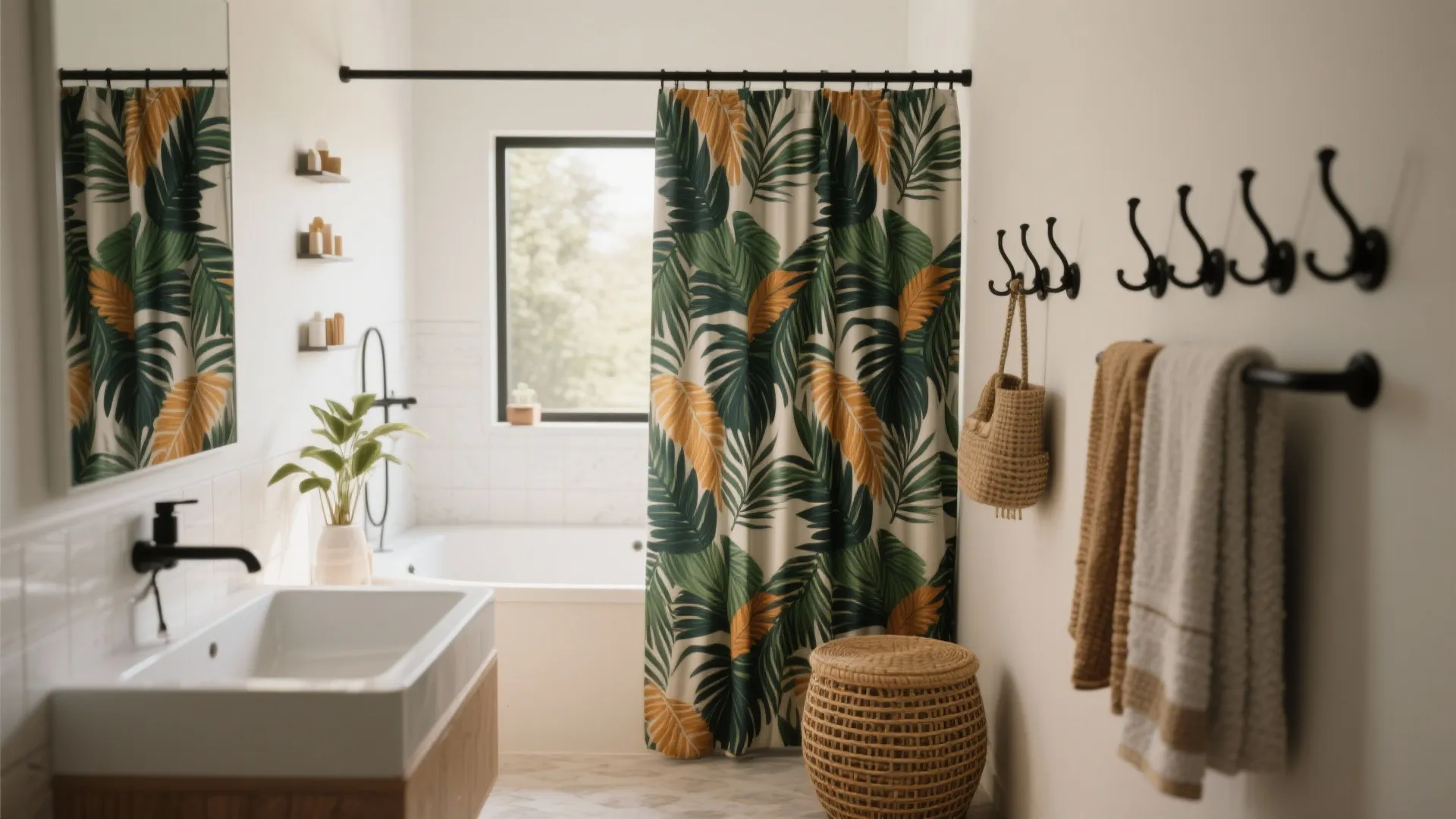 Tropical bathroom interior with leaf print shower curtain black wall hooks towels and white sink vanity