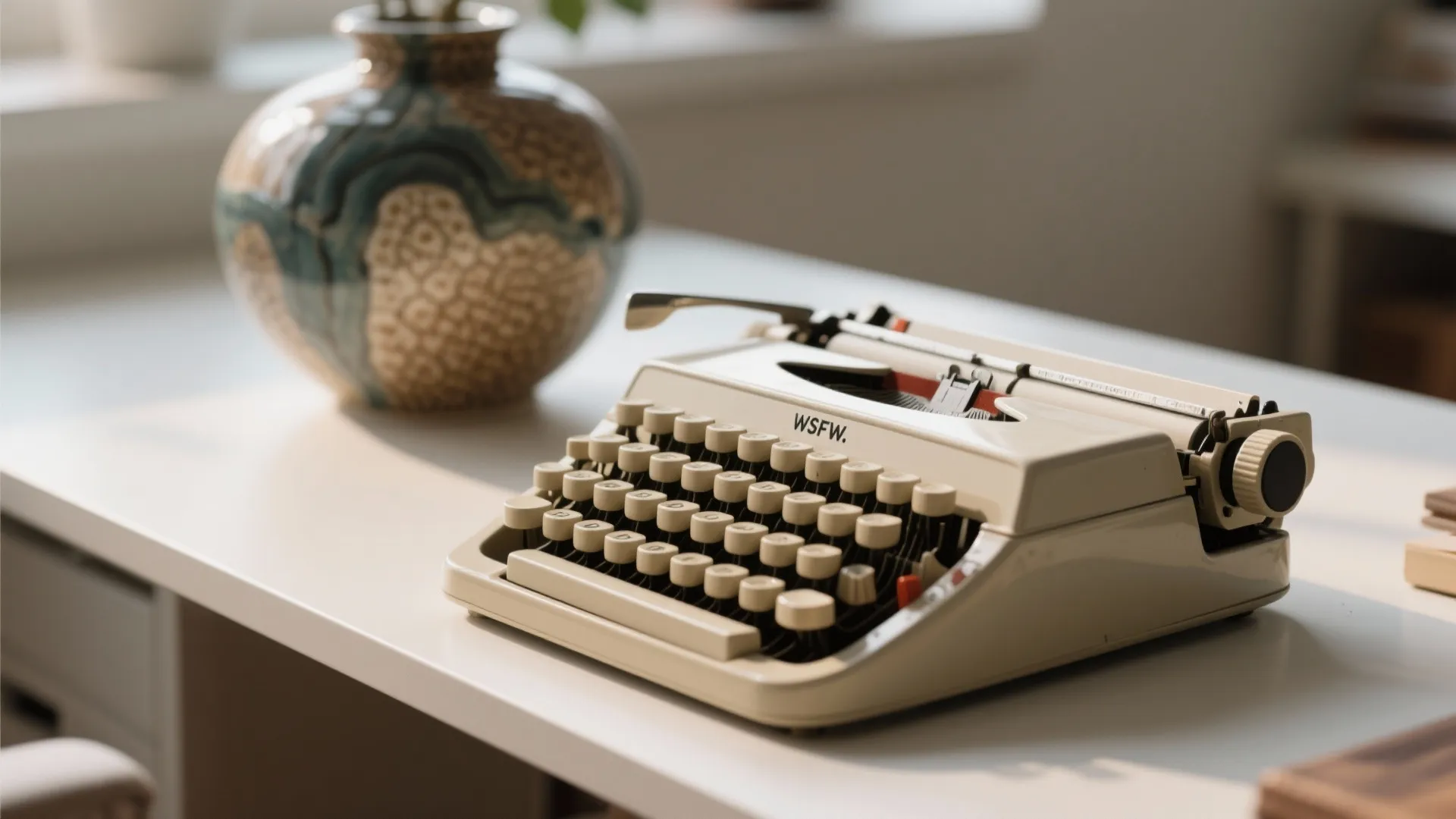 Vintage cream manual typewriter on white desk with a decorative ceramic vase in natural light
