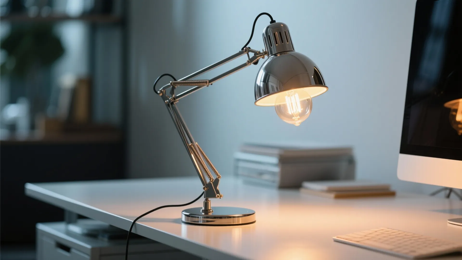 Silver adjustable desk lamp with warm light on white table next to computer and keyboard