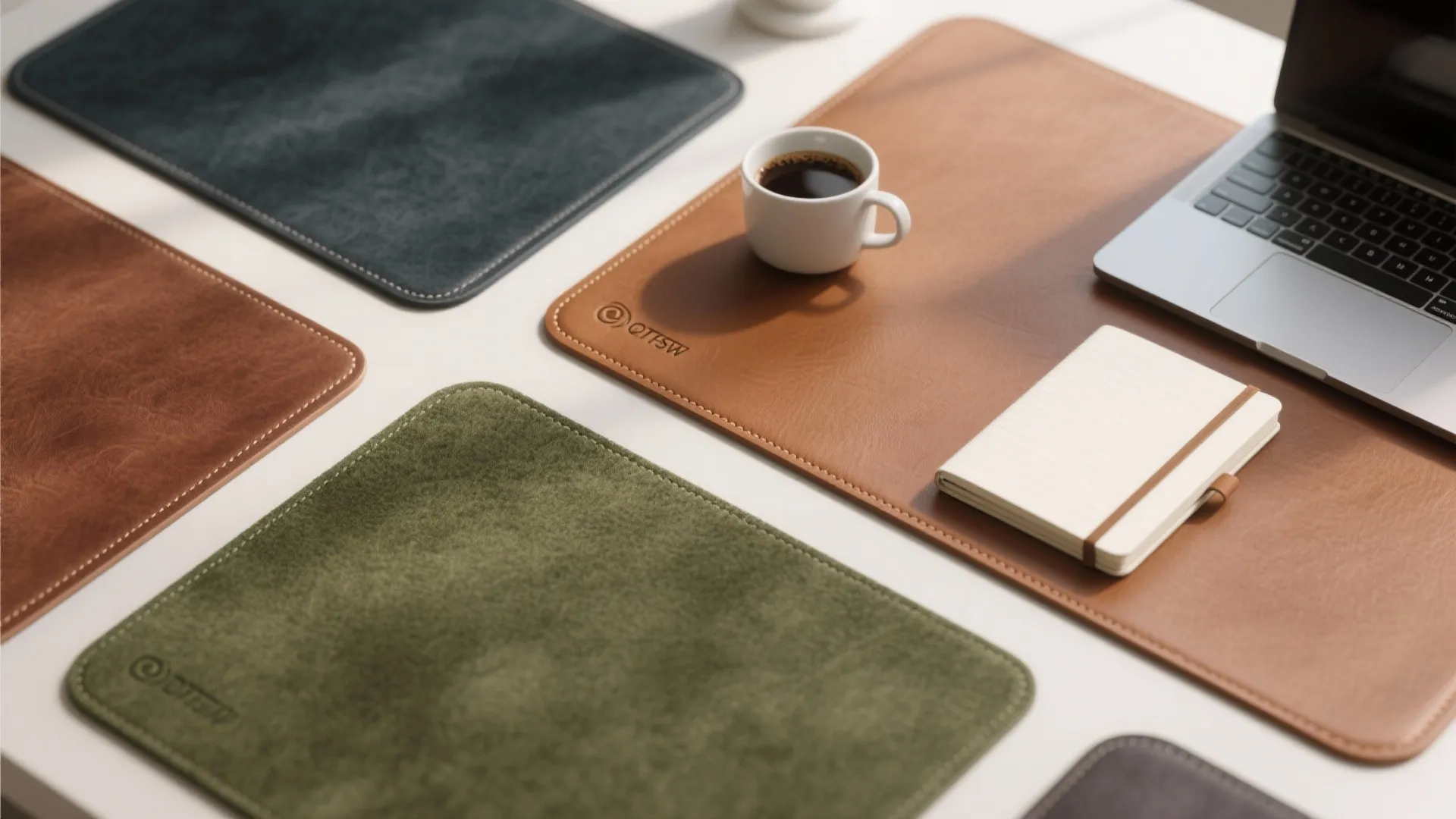 Various colorful leather desk mats with coffee cup laptop and notebook on a white surface
