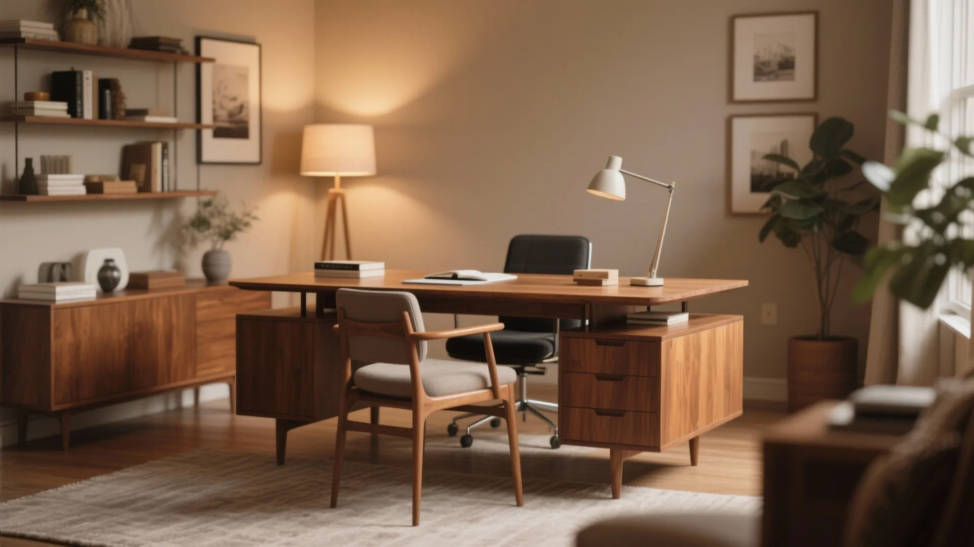 Mid-century desk as the main feature in a cozy home office