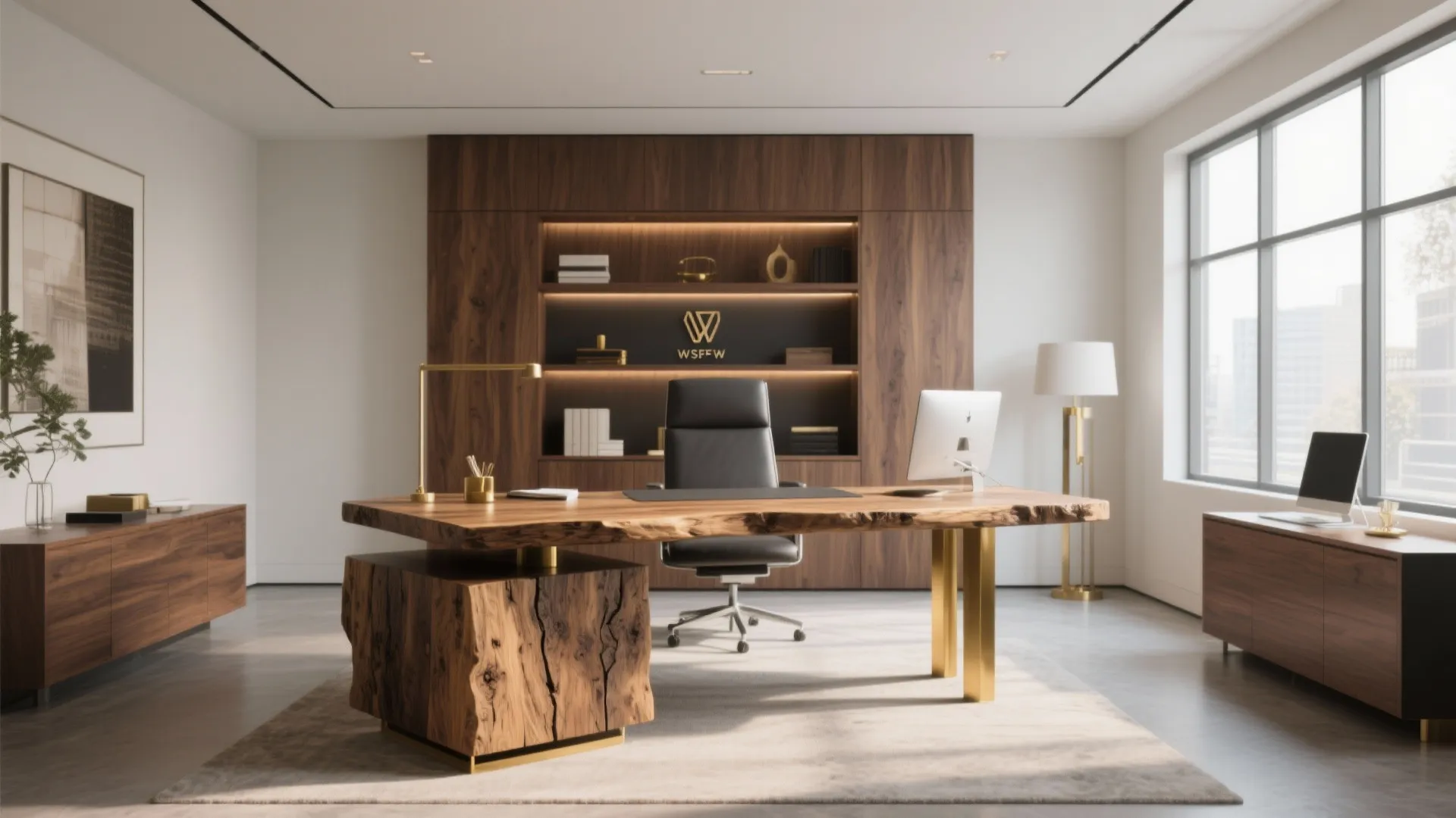 Executive office with large wooden desk black leather chair built in cabinet and large window