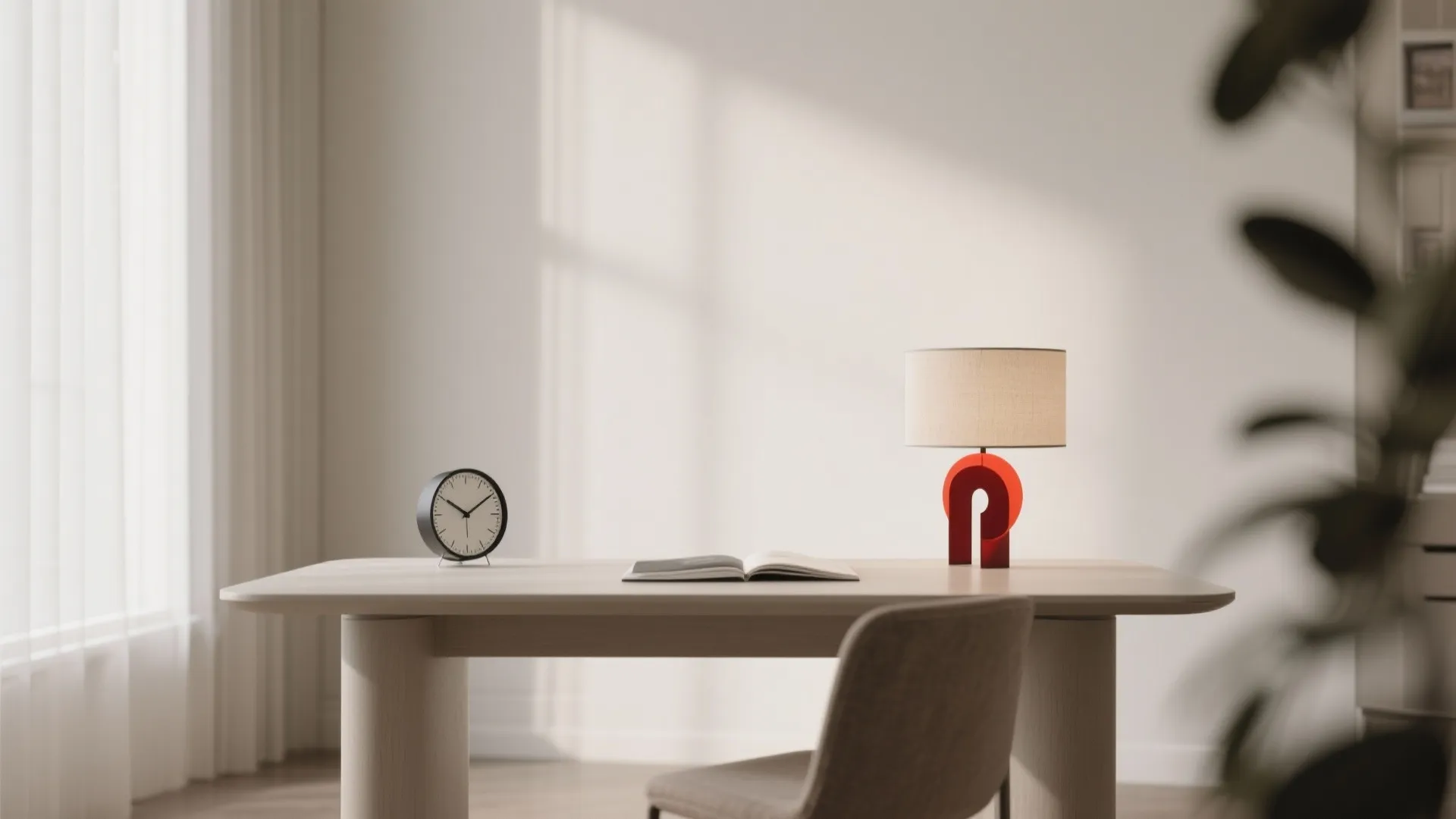 Modern wooden desk with a black round clock and red table lamp in a room