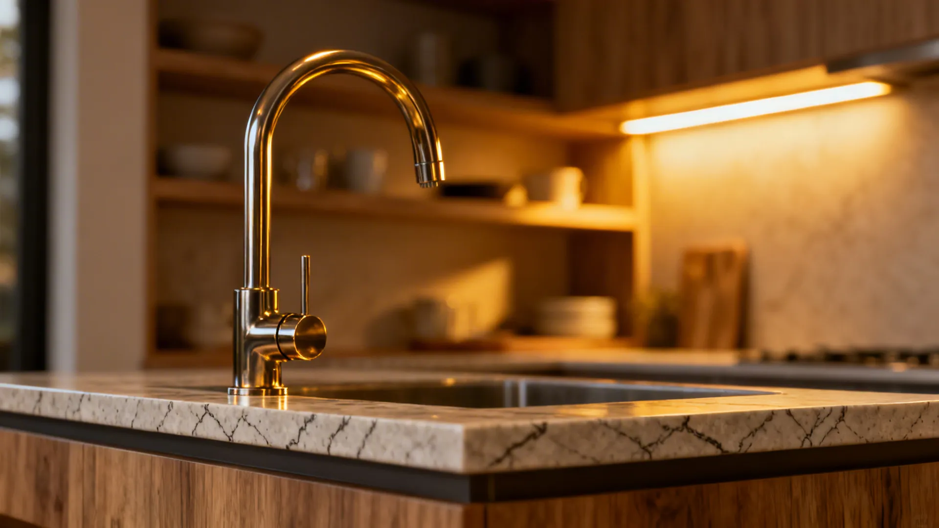 Detail shot of a statement faucet and high-quality countertop in a small kitchen, illustrating one high-impact upgrade.