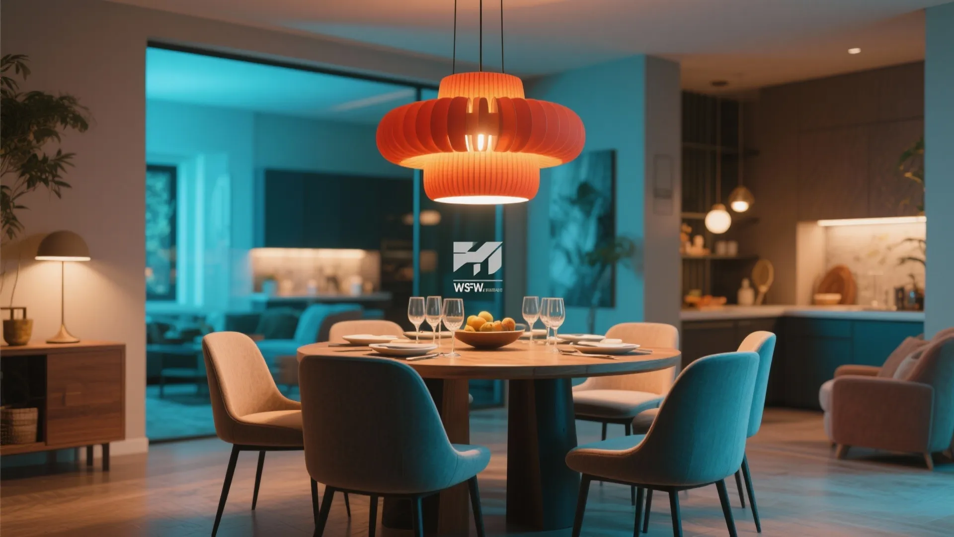 Modern dining room with round wooden table orange ceiling light six chairs and warm evening lighting