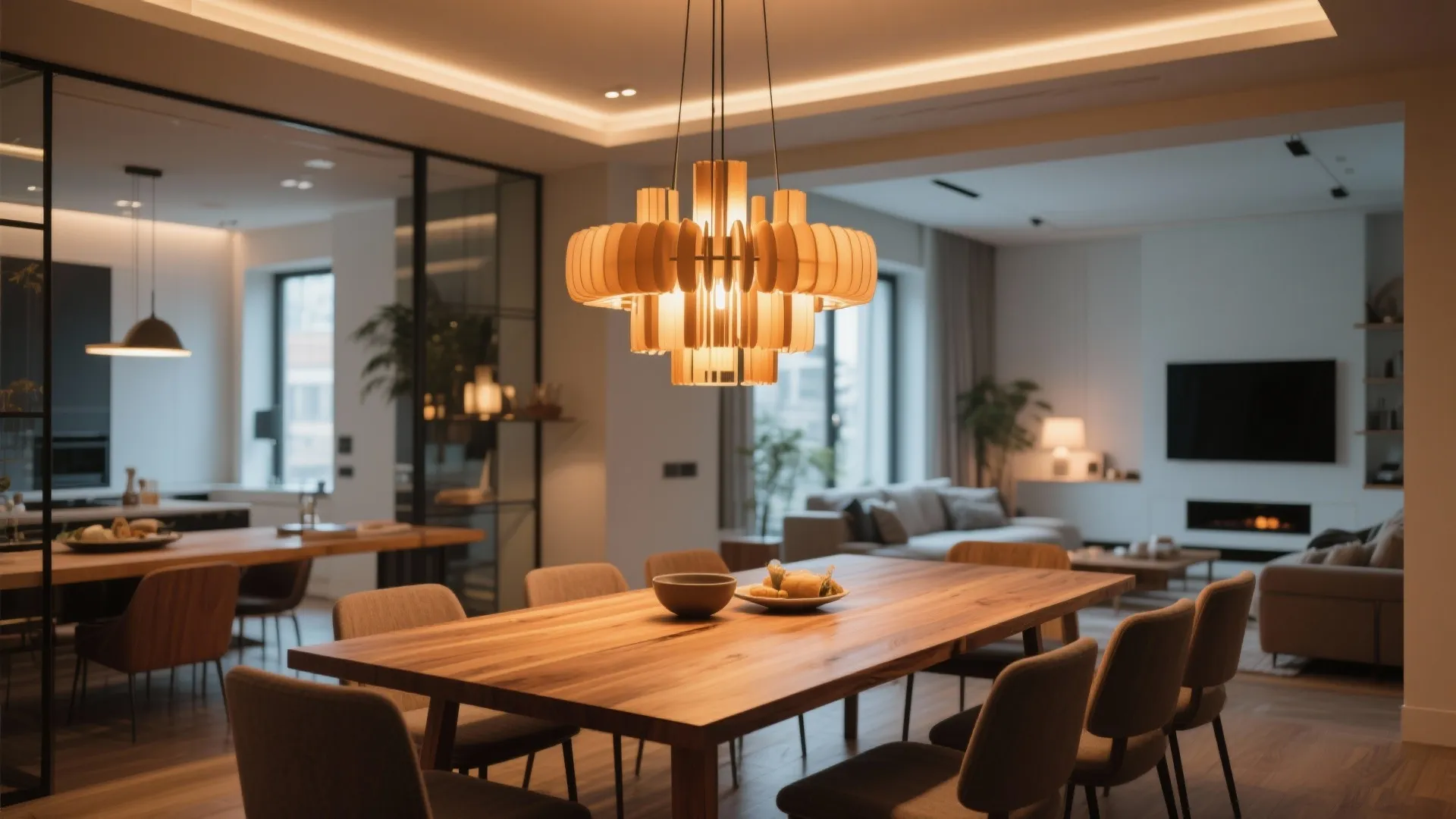 Modern wooden dining table with chairs under a large warm ceiling light in open-plan home