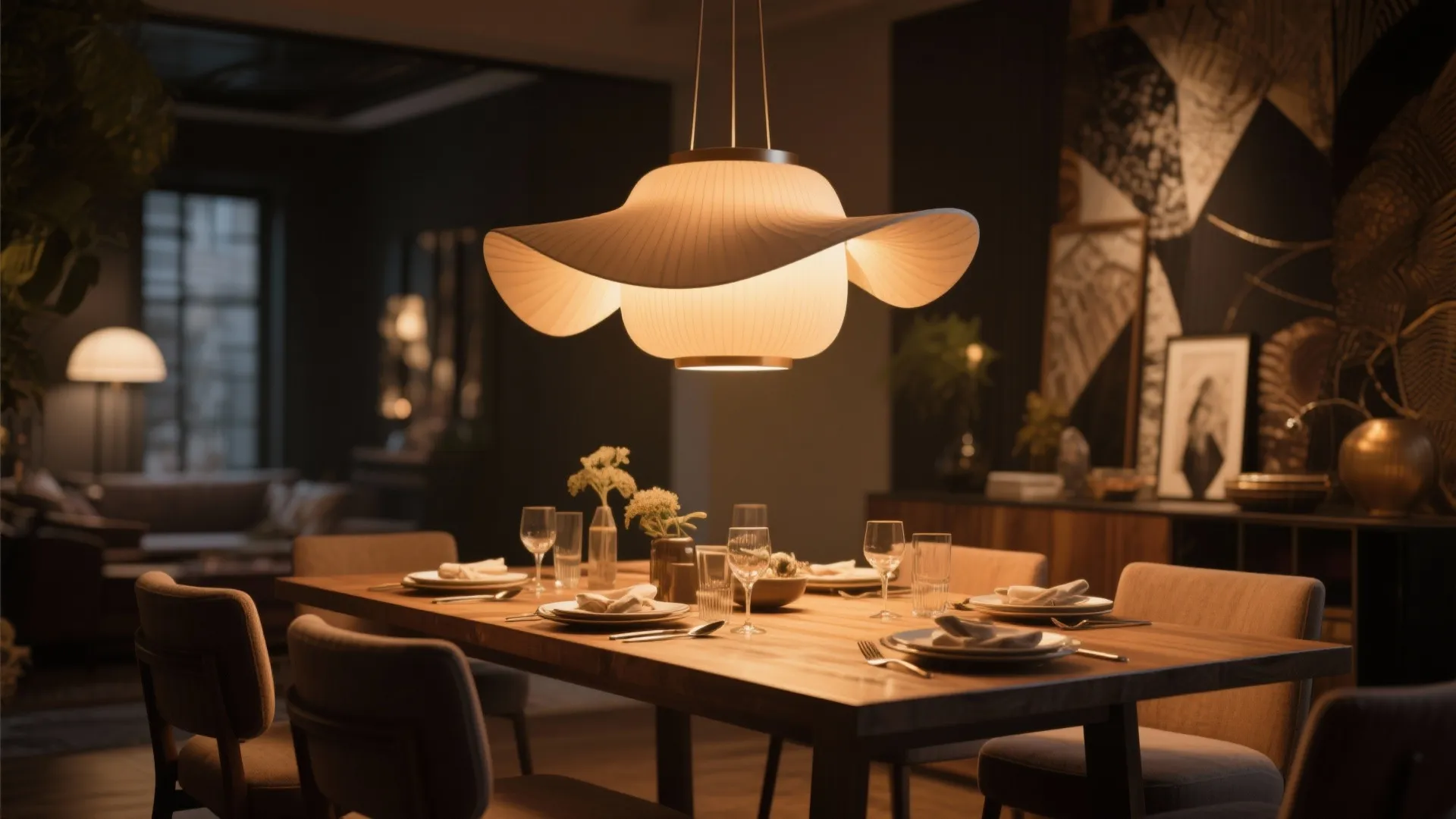 Modern dining room with unique flower shaped ceiling light over a wooden table with chairs