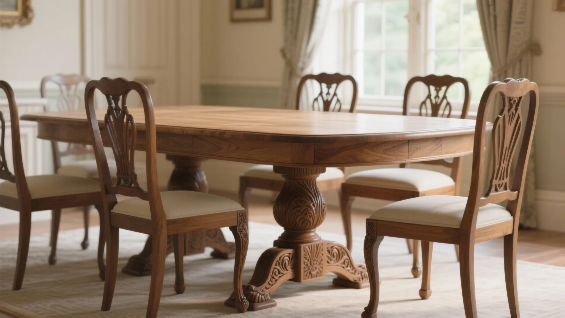 Classic wooden dining table with carved legs and matching chairs set on a white rug