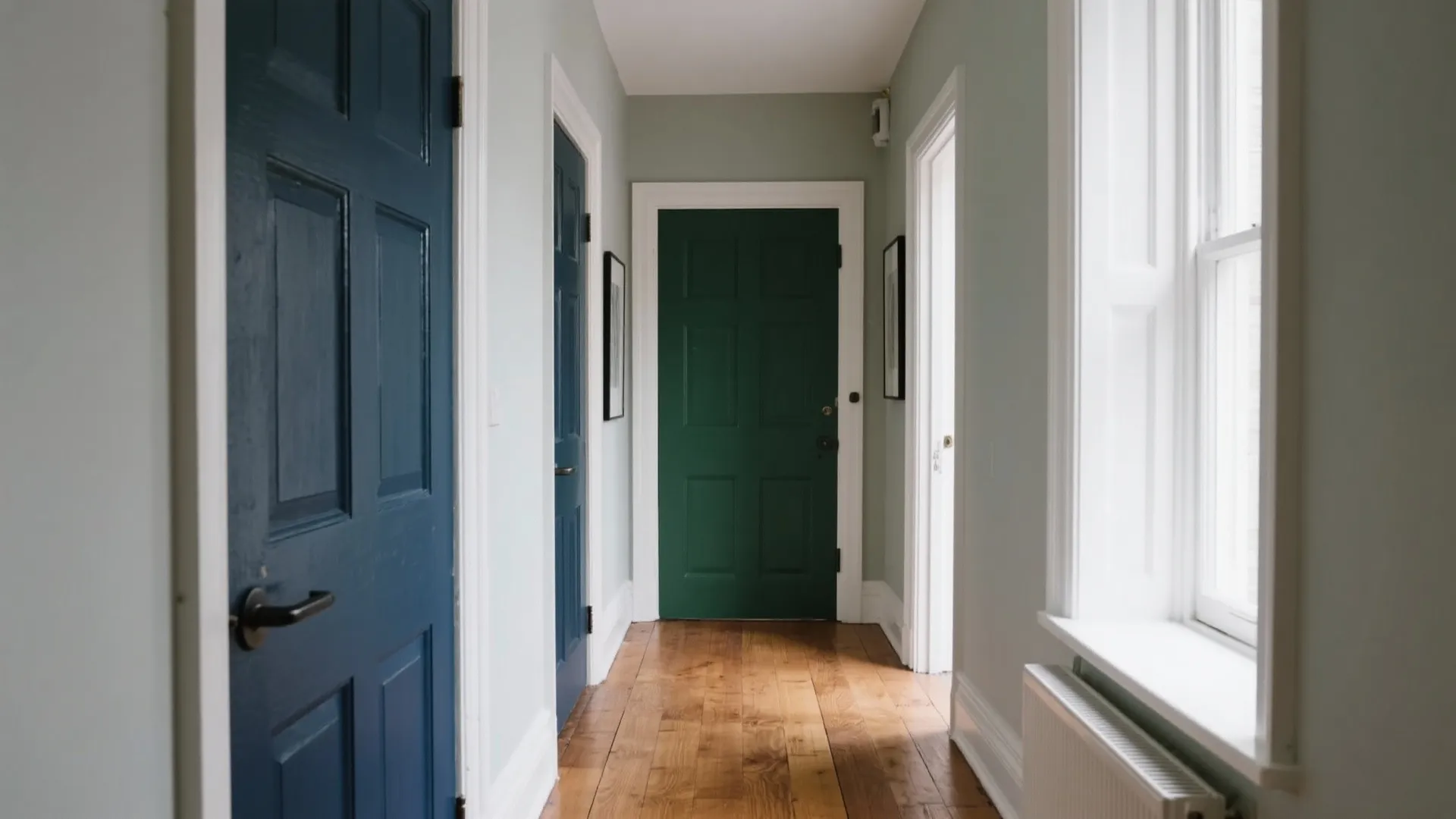Narrow hallway with light green walls wooden floor dark blue doors and one green door