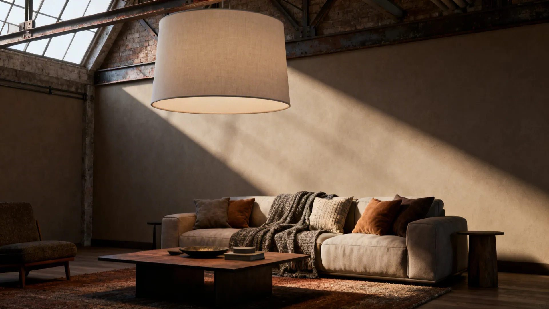 Industrial living room interior design drawing with large ceiling light sofa and wood coffee table