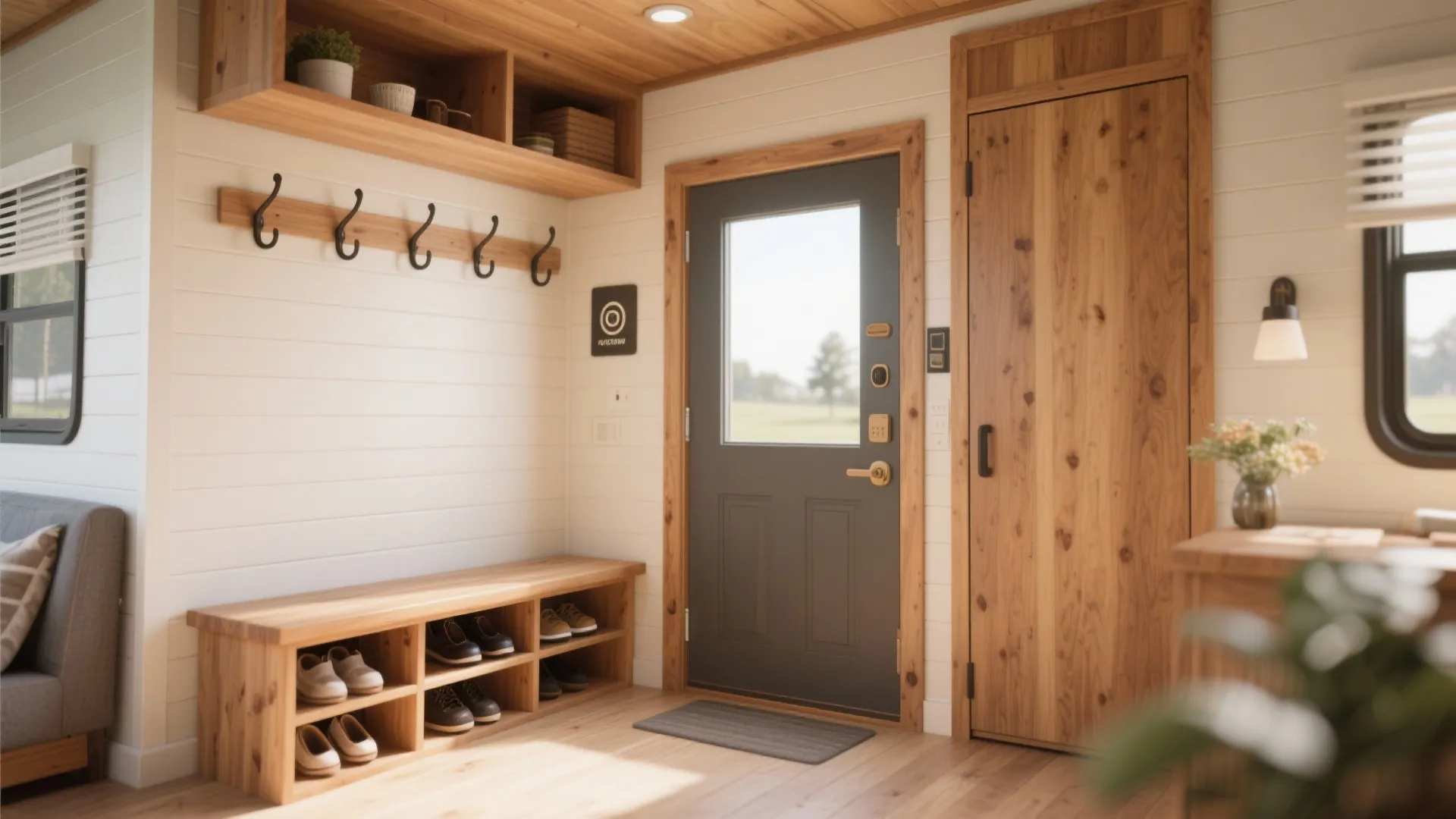 Small entryway featuring a wooden shoe bench wall hooks and a dark grey front door