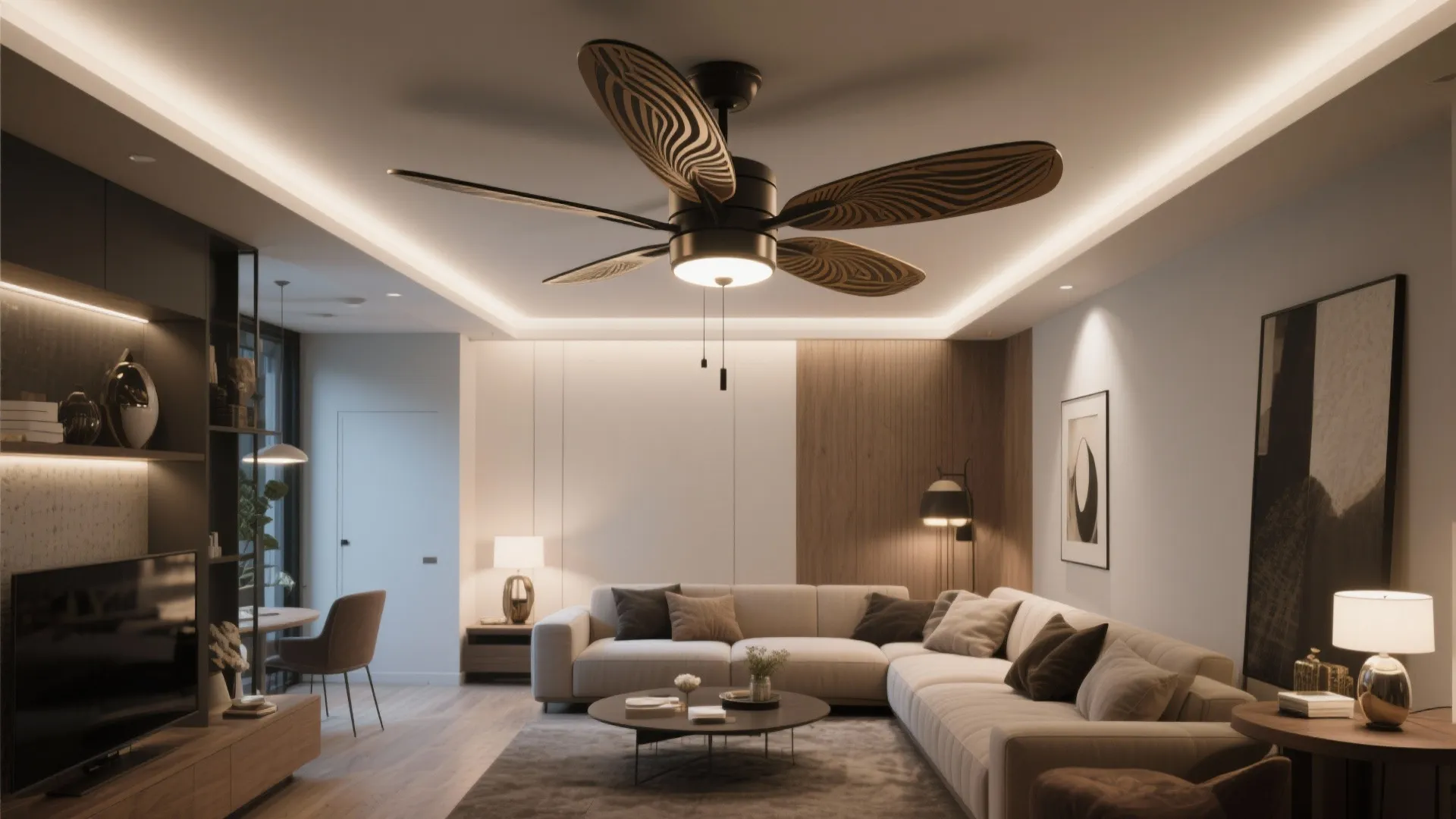 3. Statement fan with downlight and decorative blades