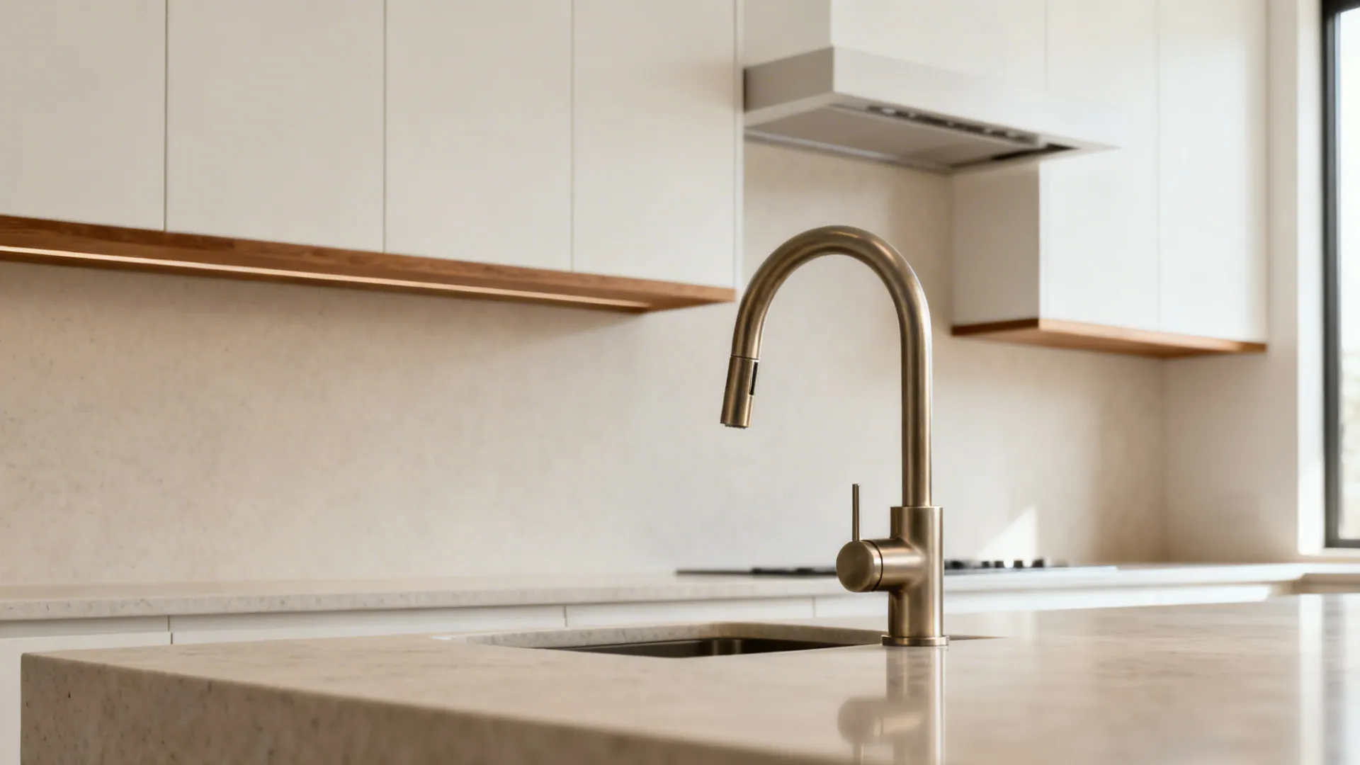 Minimalist kitchen with a sculptural brushed metal faucet as the focal point and a slim stone backsplash.