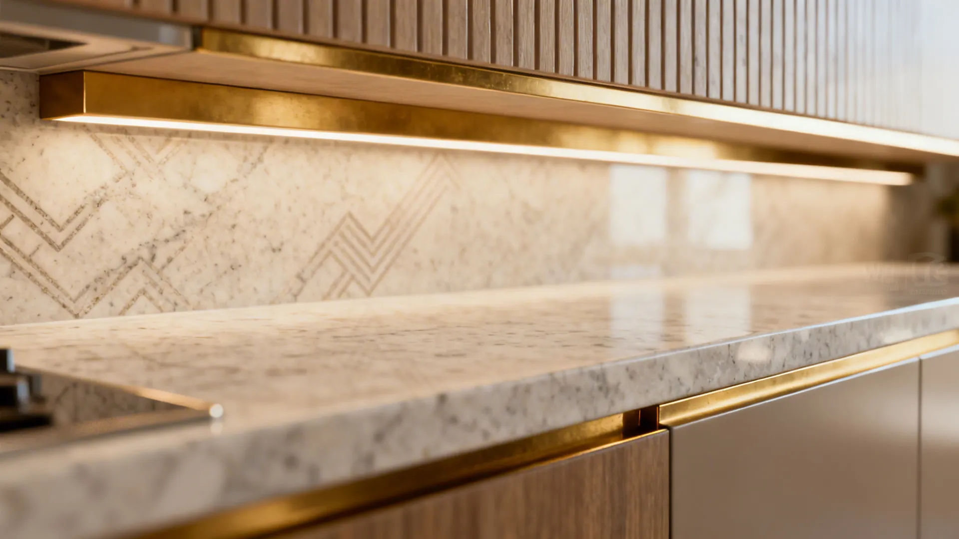 Close-up of engineered quartz backsplash and brass trim showing high-impact finish detail.