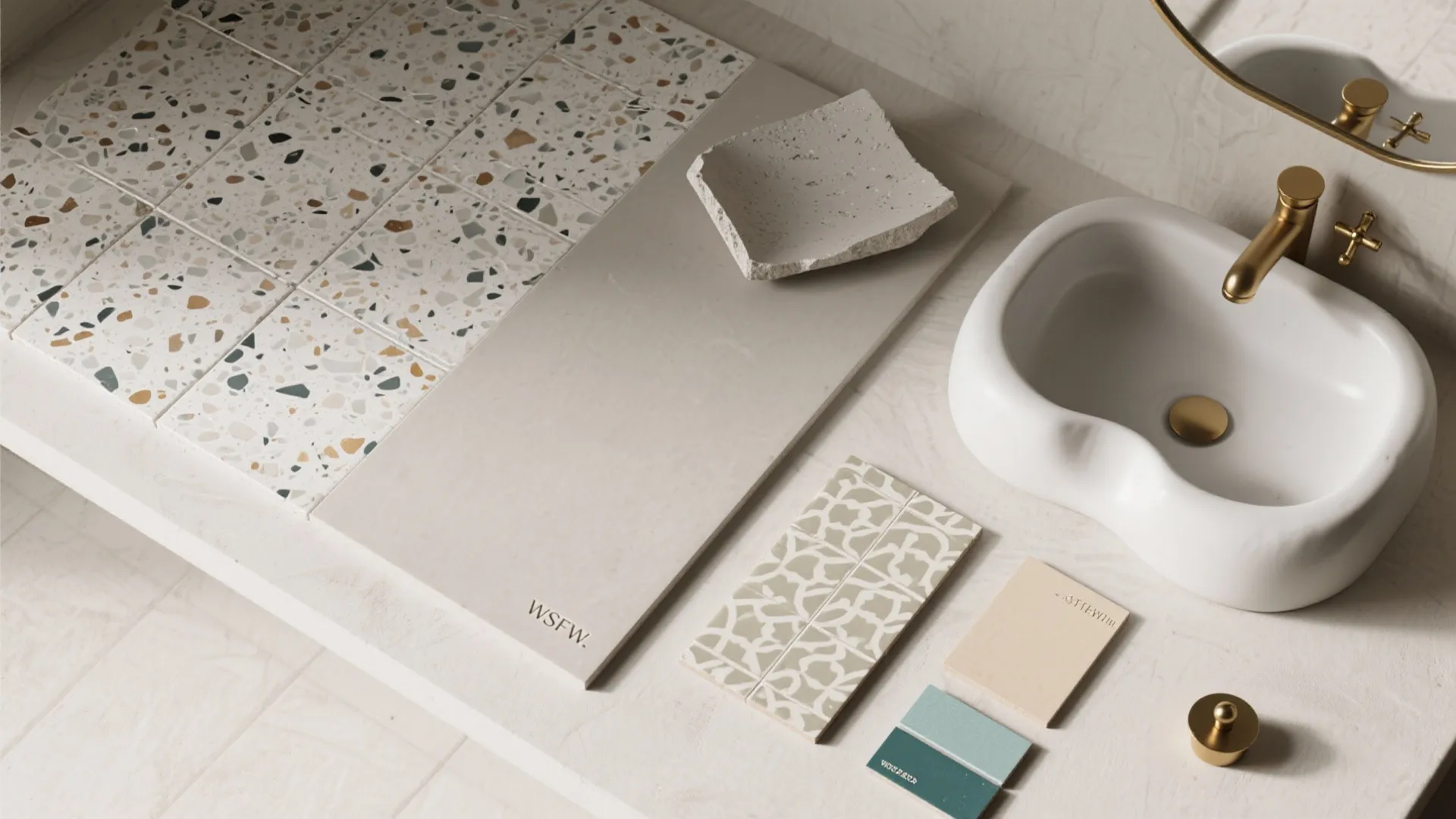 Flat lay of bathroom design materials including white sink gold faucet terrazzo tiles and stone