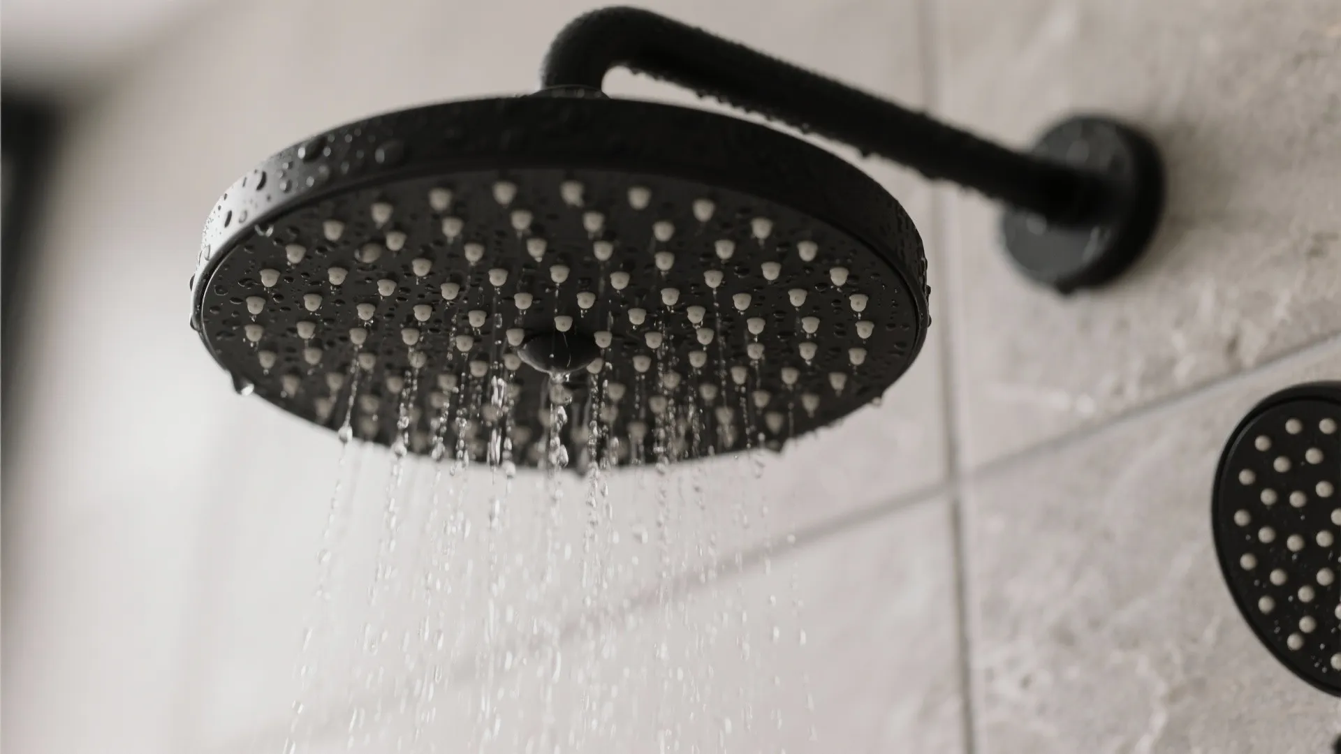Close up of a black round shower head with water flowing against a grey wall
