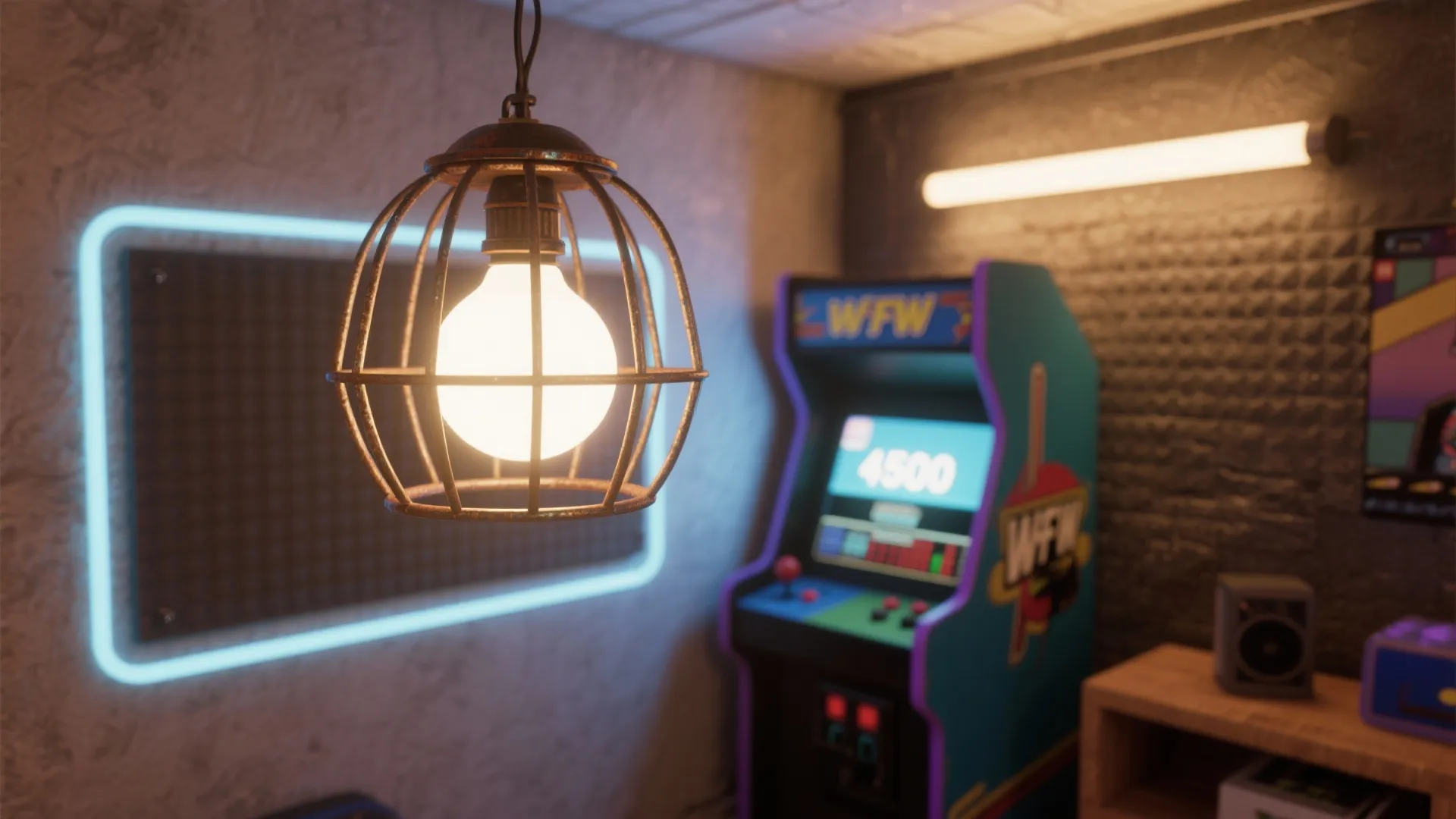 Small game room with a statement pendant light and tunable white bulbs showing warm and cool tones.